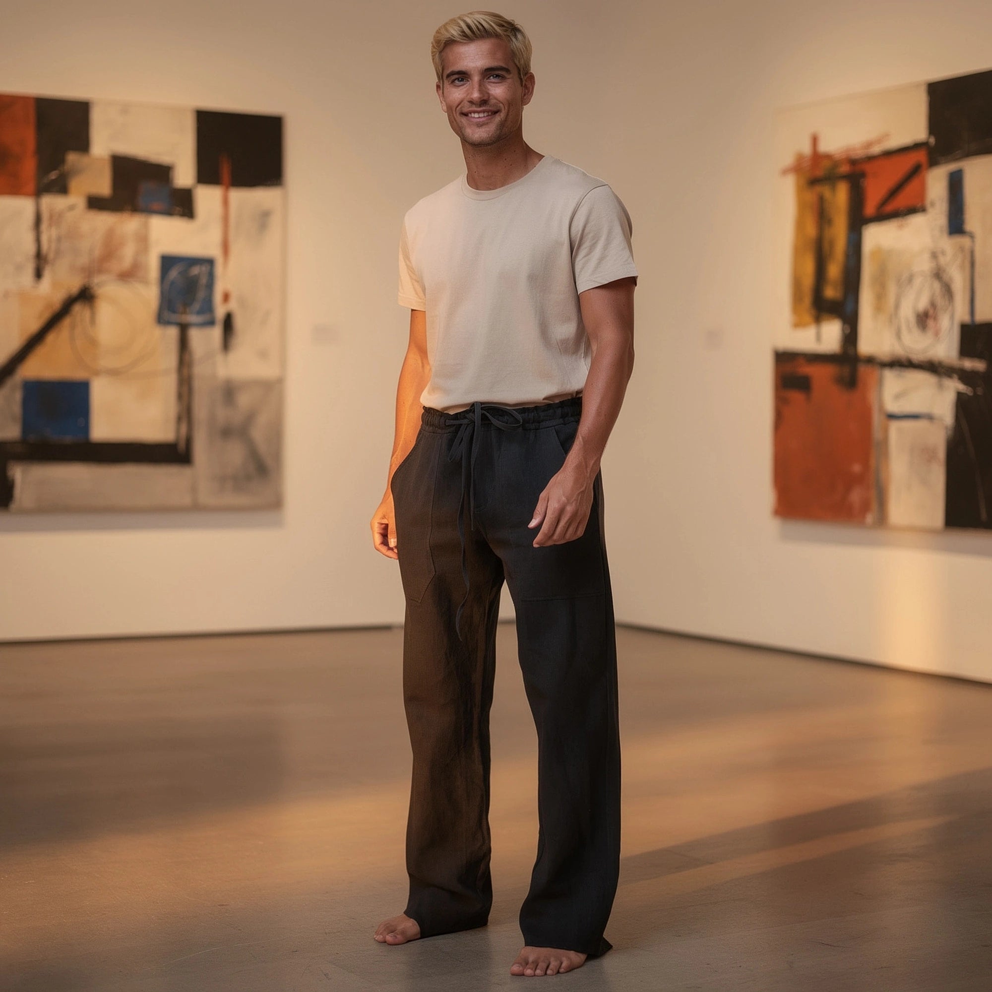 View of wide loose relaxed fit trousers in light beige fabric, featuring a comfortable waistband and pockets