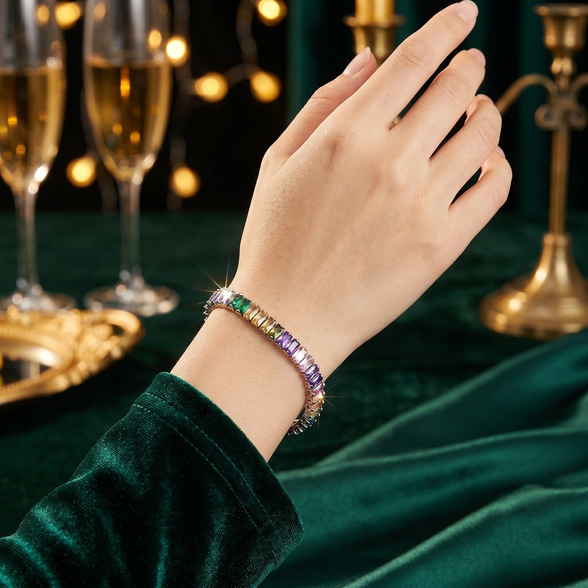 A model showcases the Womens Dazzling Jewellery Set, showing intricate designs, paired with a outfit against a soft, neutral background.