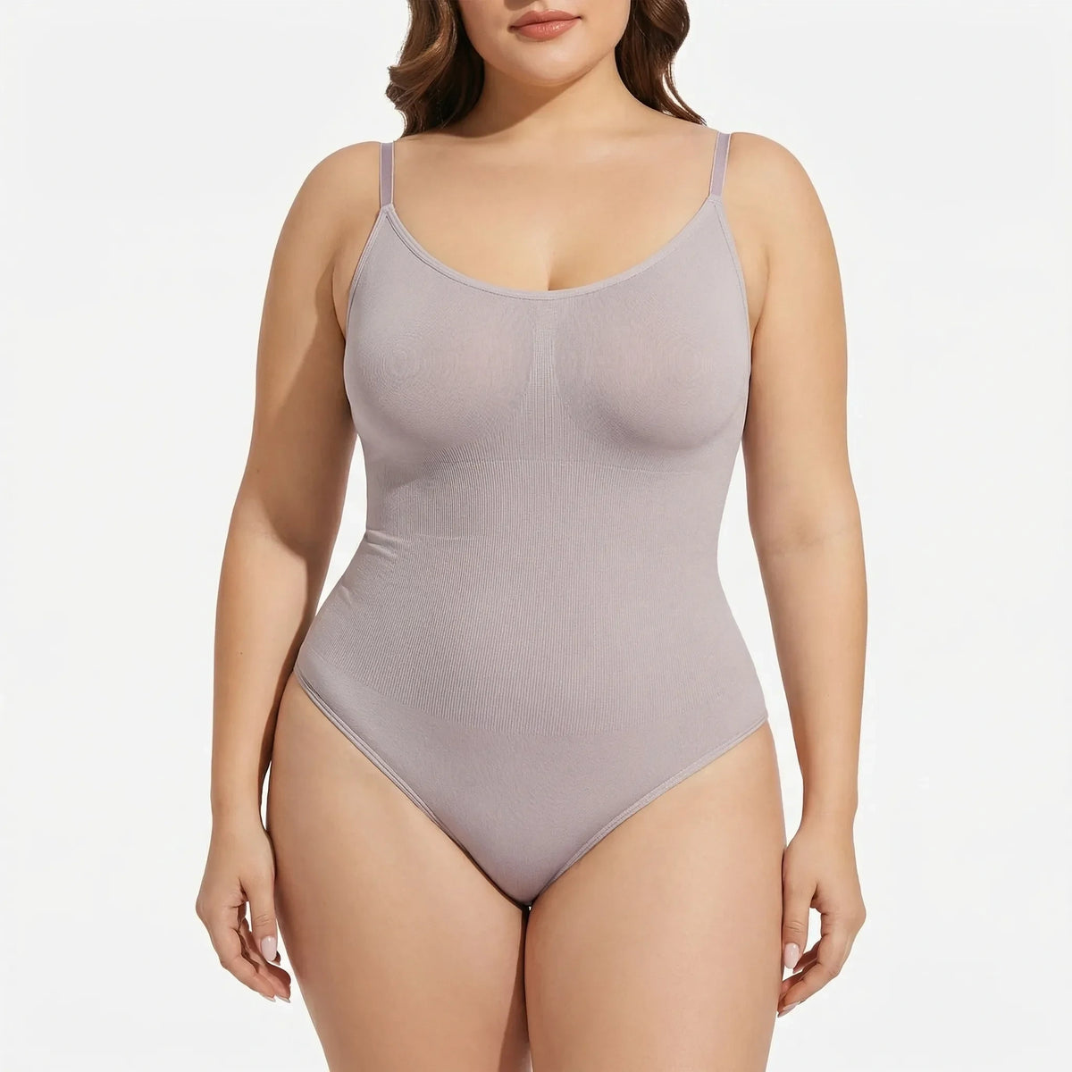 Tummy control thong bodysuit with adjustable straps, seamless design, front view — 12 — view 12