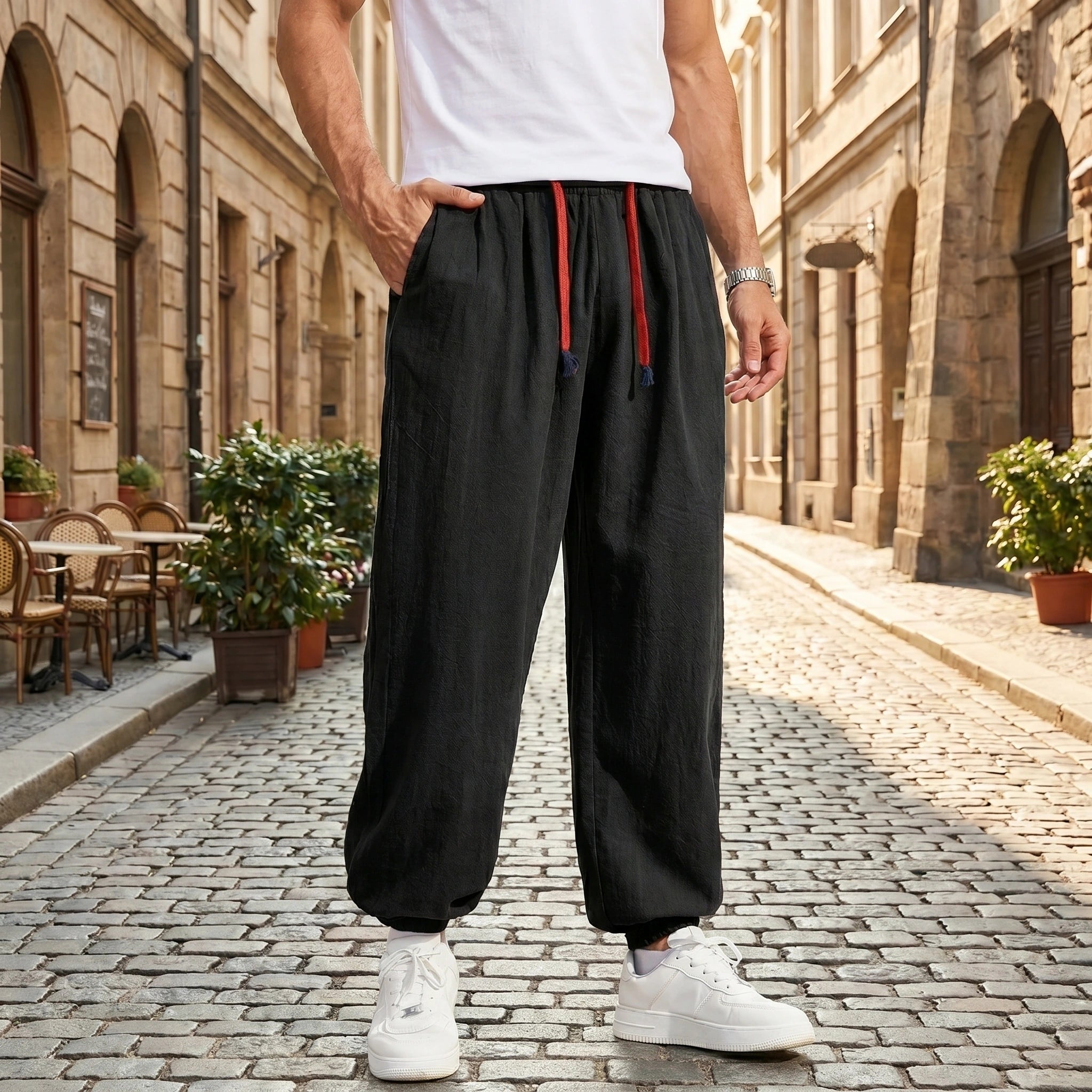 Close up view of the soft, textured linen fabric of the men's relaxed cozy spring pants, showing the meticulous stitching and comfortable fit.