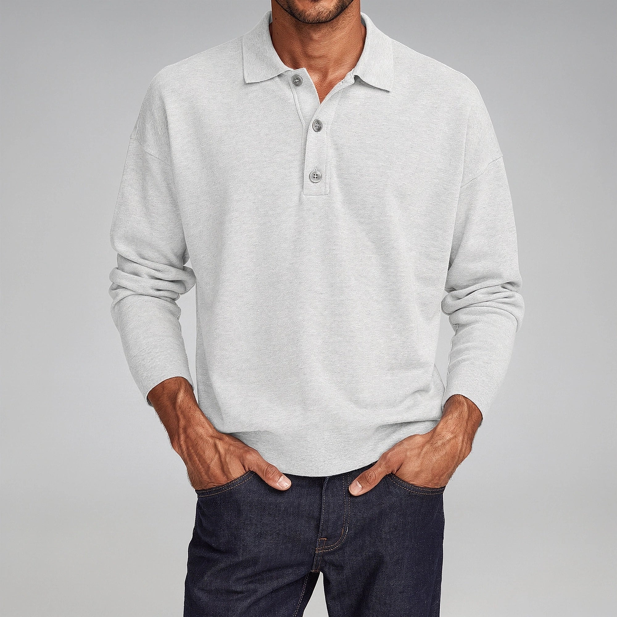 Light gray casual knit polo shirt with a relaxed fit and short sleeves, view