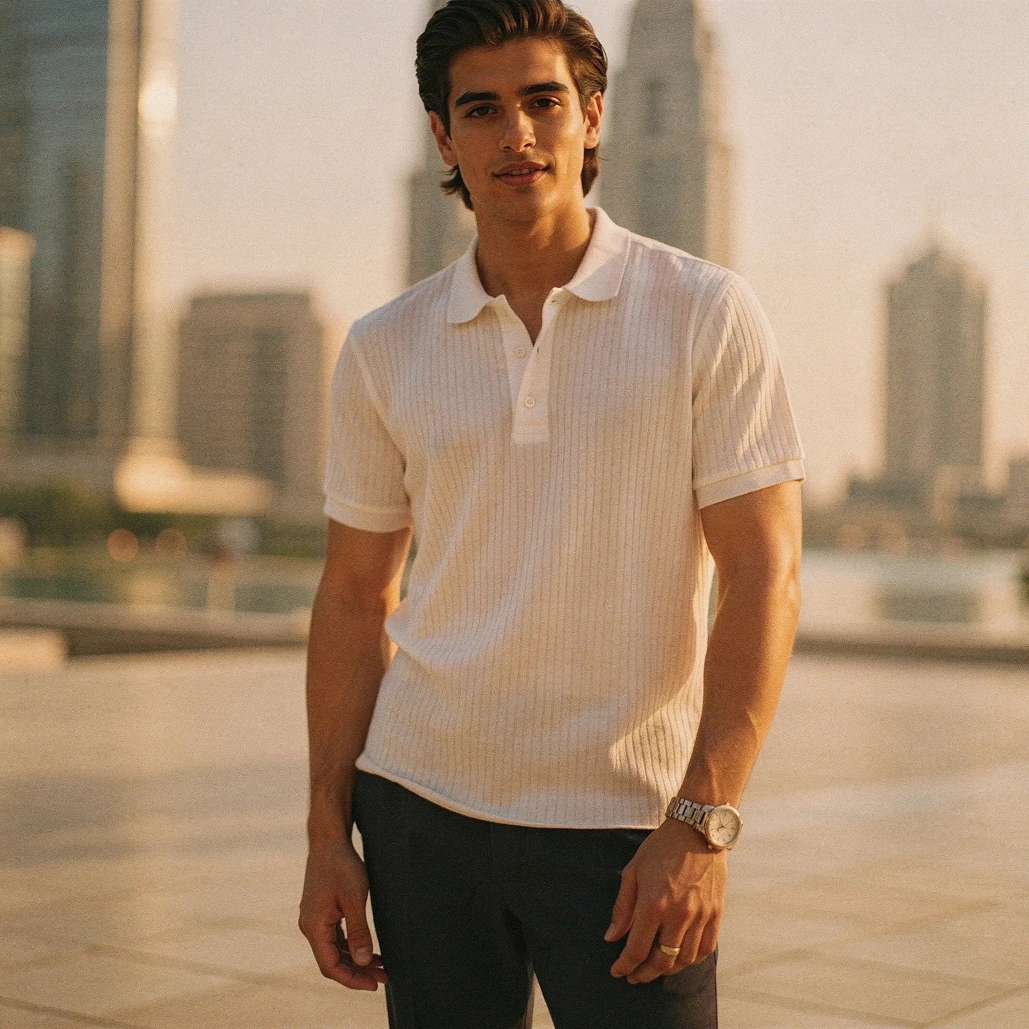 View of a slim fit short sleeve polo t shirt in light blue, featuring a soft cotton blend and a classic collar