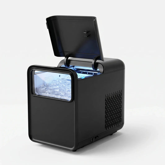 View of a sleek portable ice maker showcasing its cooling vents and power outlet for efficient operation