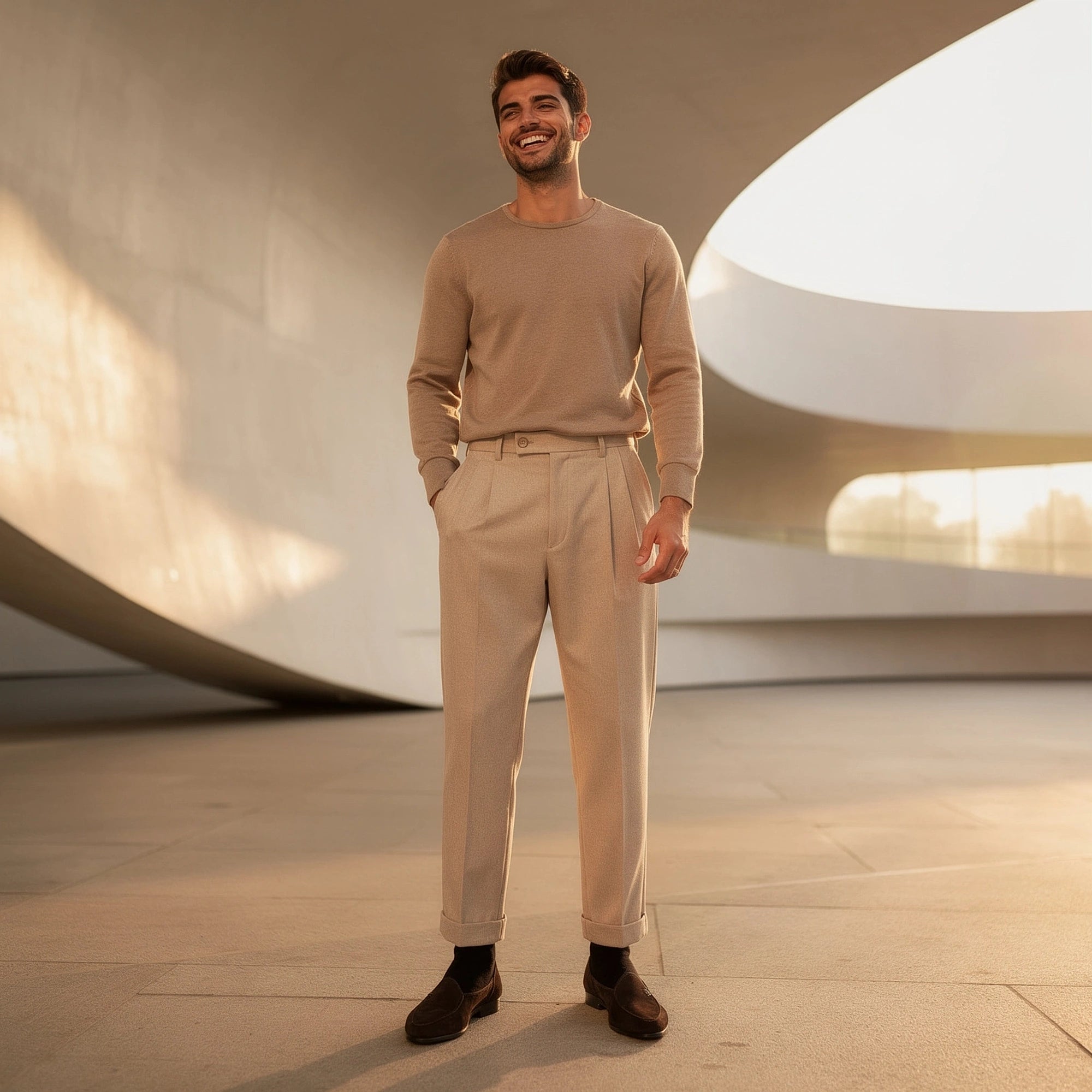 View of high waisted pleated trousers in light gray fabric, showcasing the pleats and tailored fit