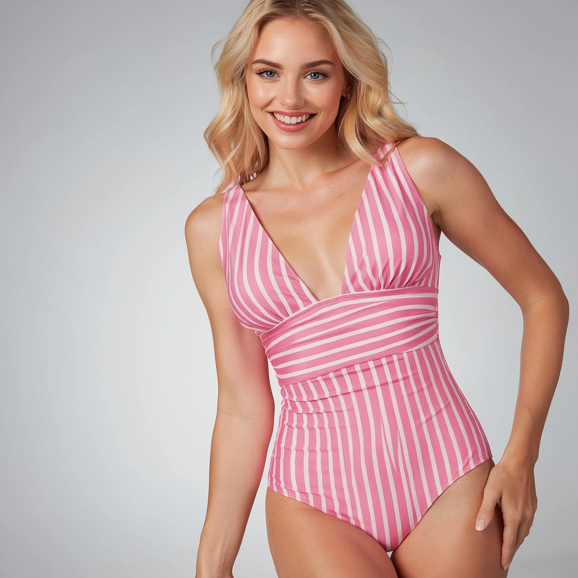 View of a striped v neck one piece swimsuit in shades of blue and white, featuring a flattering silhouette and soft fabric