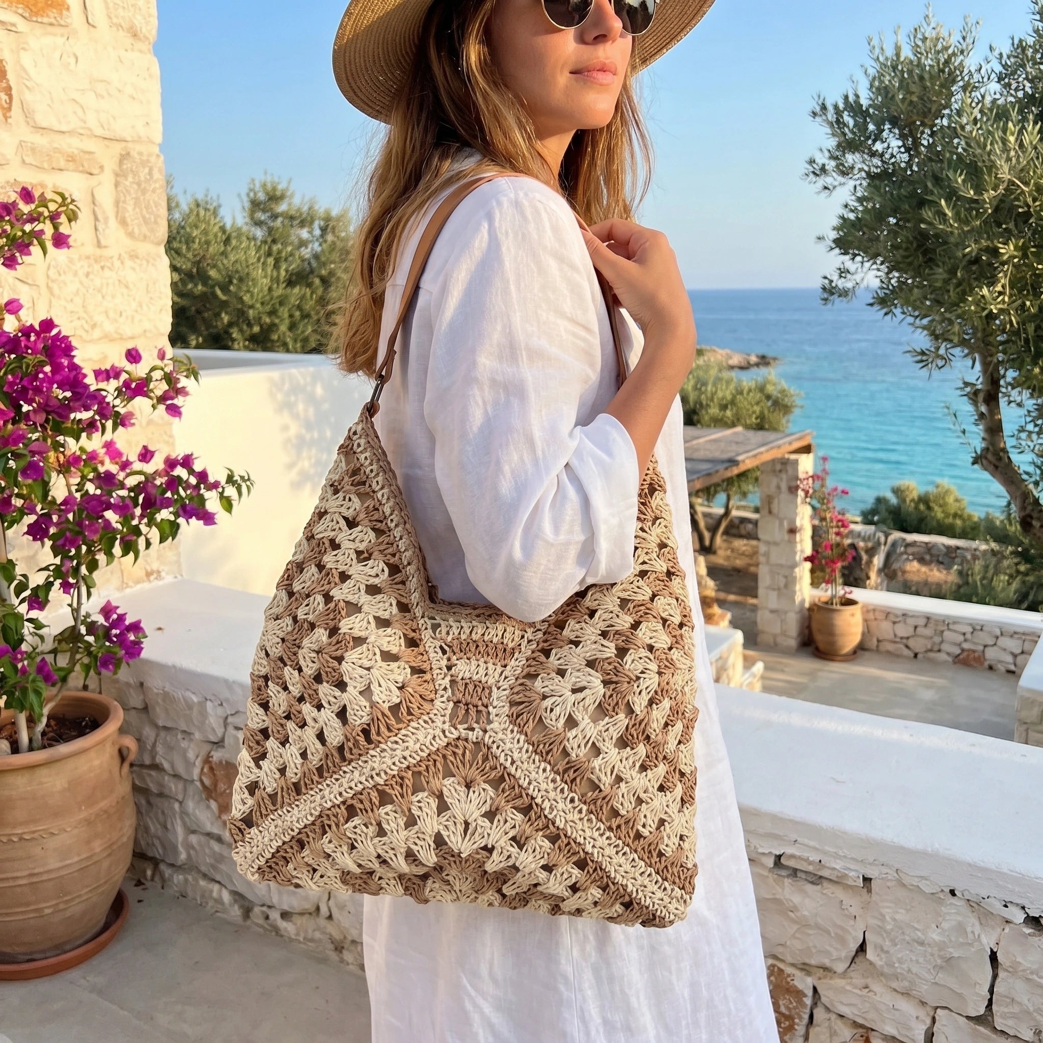 Close up view of the Womens Woven Summer Bag showing intricate stitching and textured fabric, perfect for enhancing summer outfits and leisure activities.