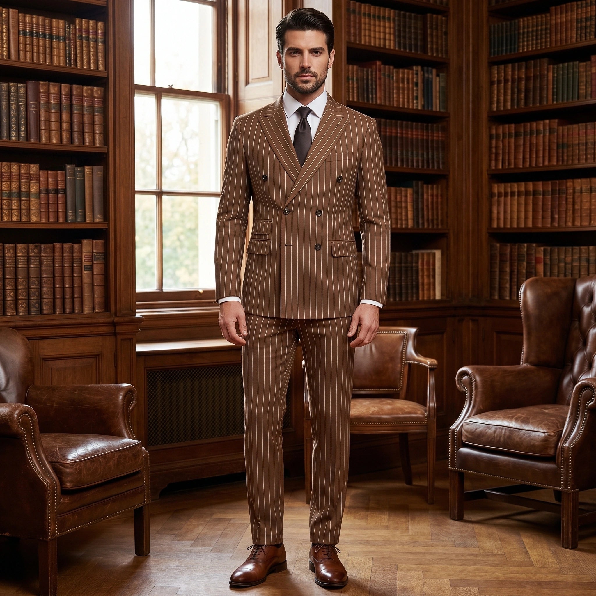 Close up of the mens tailored sophisticated suit showing the fine stitching and luxurious fabric texture against a neutral background.