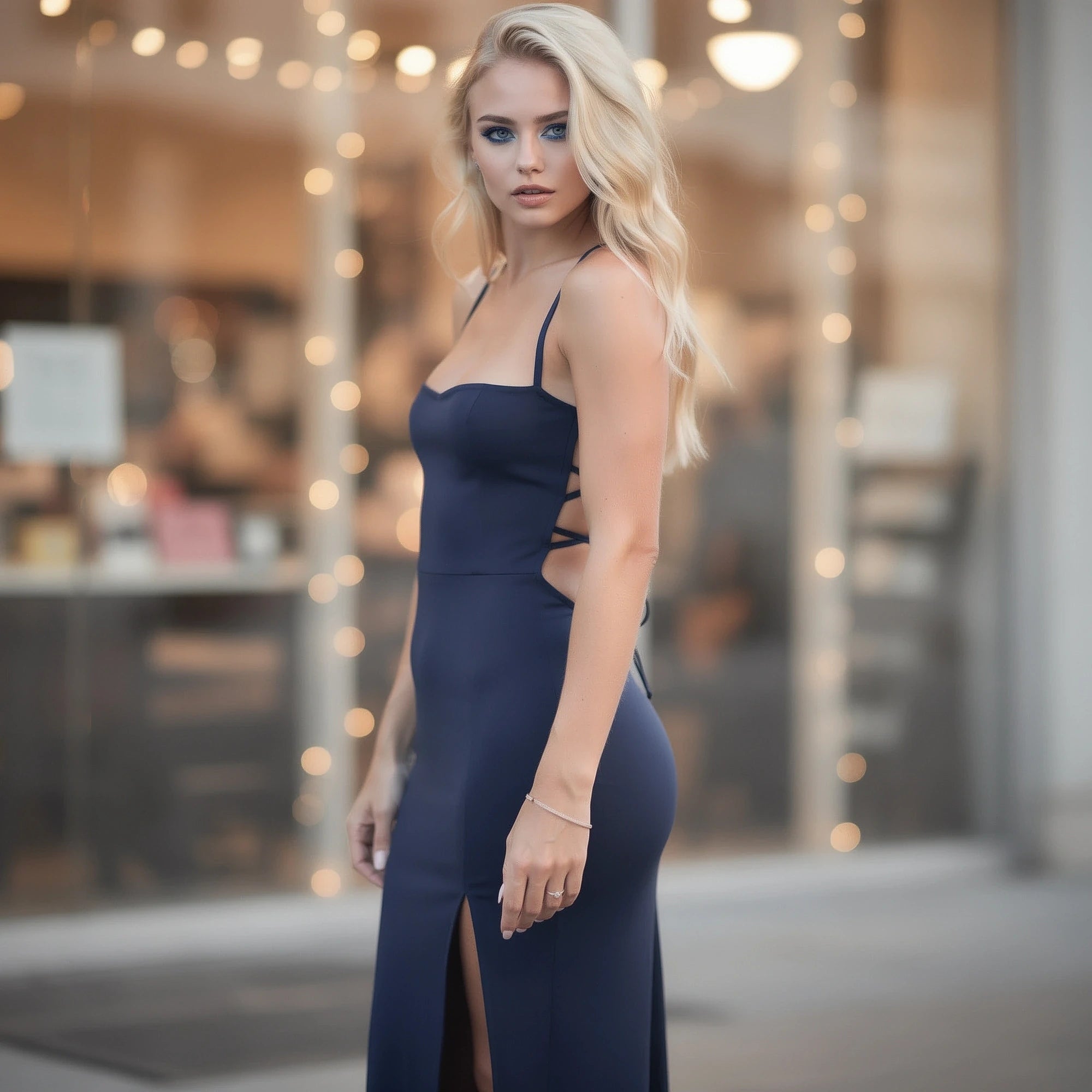 View of a high slit maxi dress featuring a deep green color, lightweight fabric, and elegant flowing silhouette