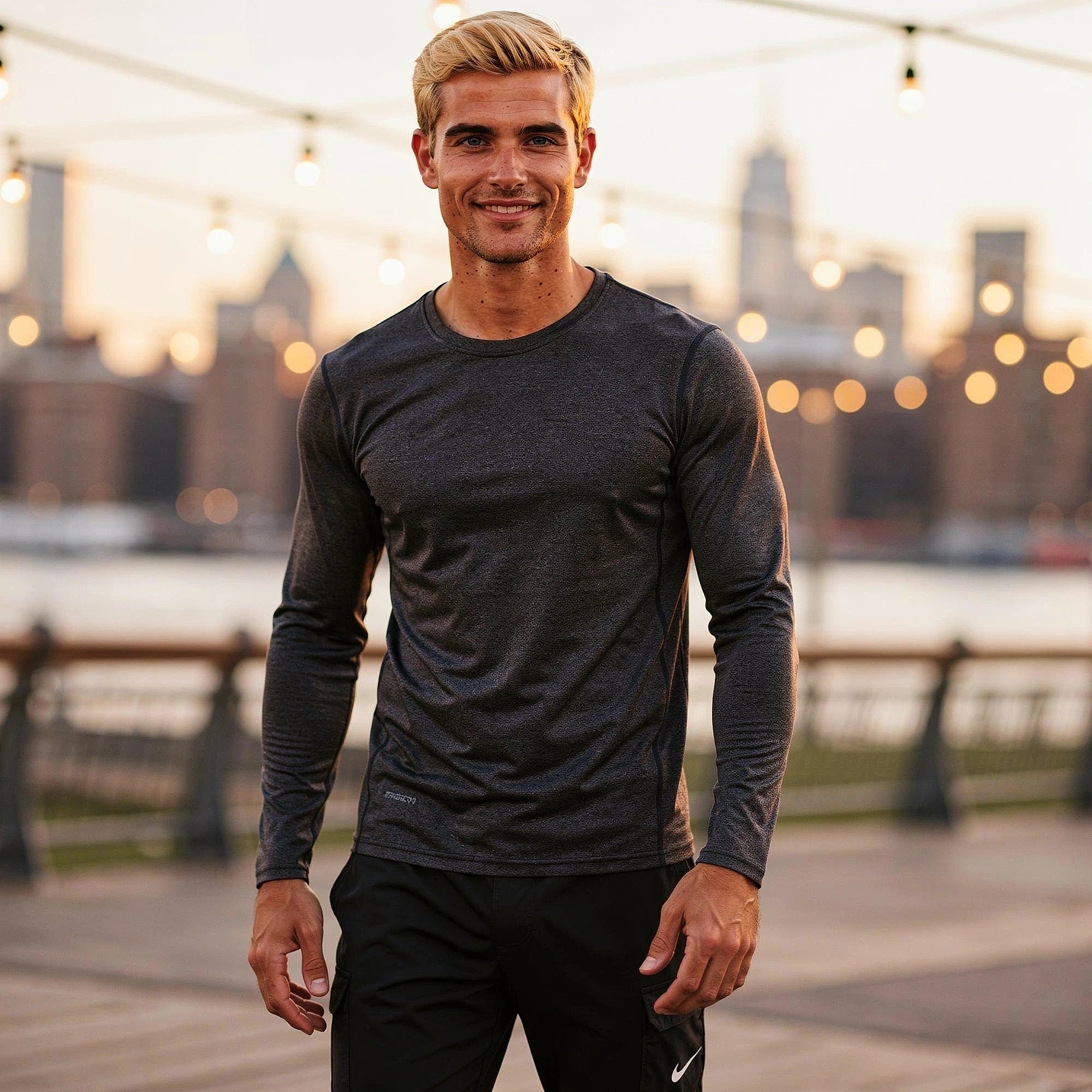 View of a gray mens fleece backed compression winter tee, showcasing the soft fabric and fitted design