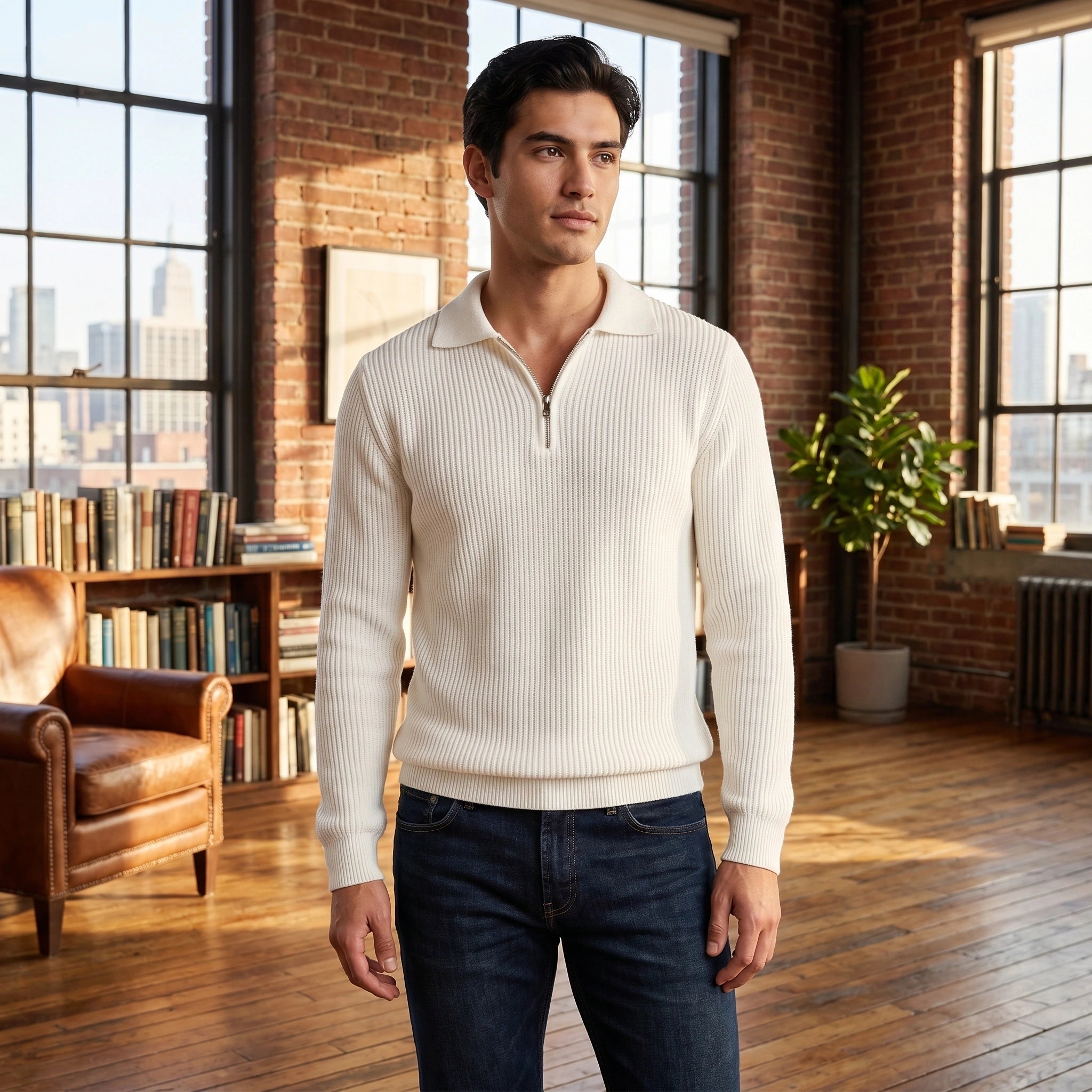 Close up view of the men's relaxed quarter zip sweater showing the soft fabric texture and precise stitching details in a rich navy color.