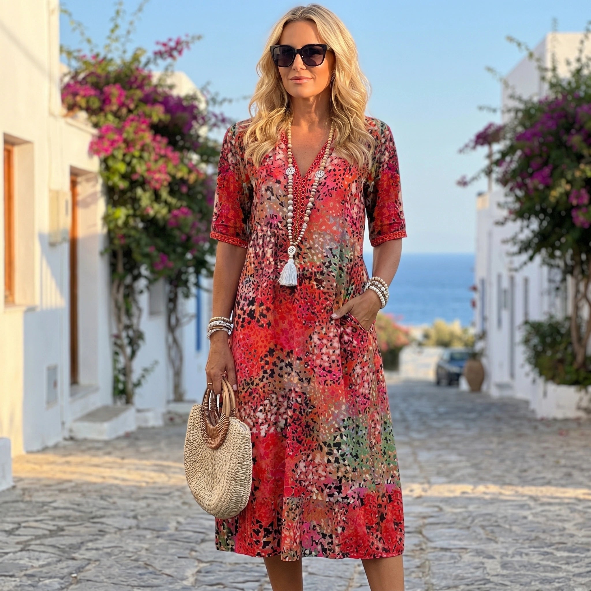 Close up view of the Womens Flowy Summer Dress showing its lightweight fabric, delicate stitching, and graceful drape, perfect for effortless summer styling.