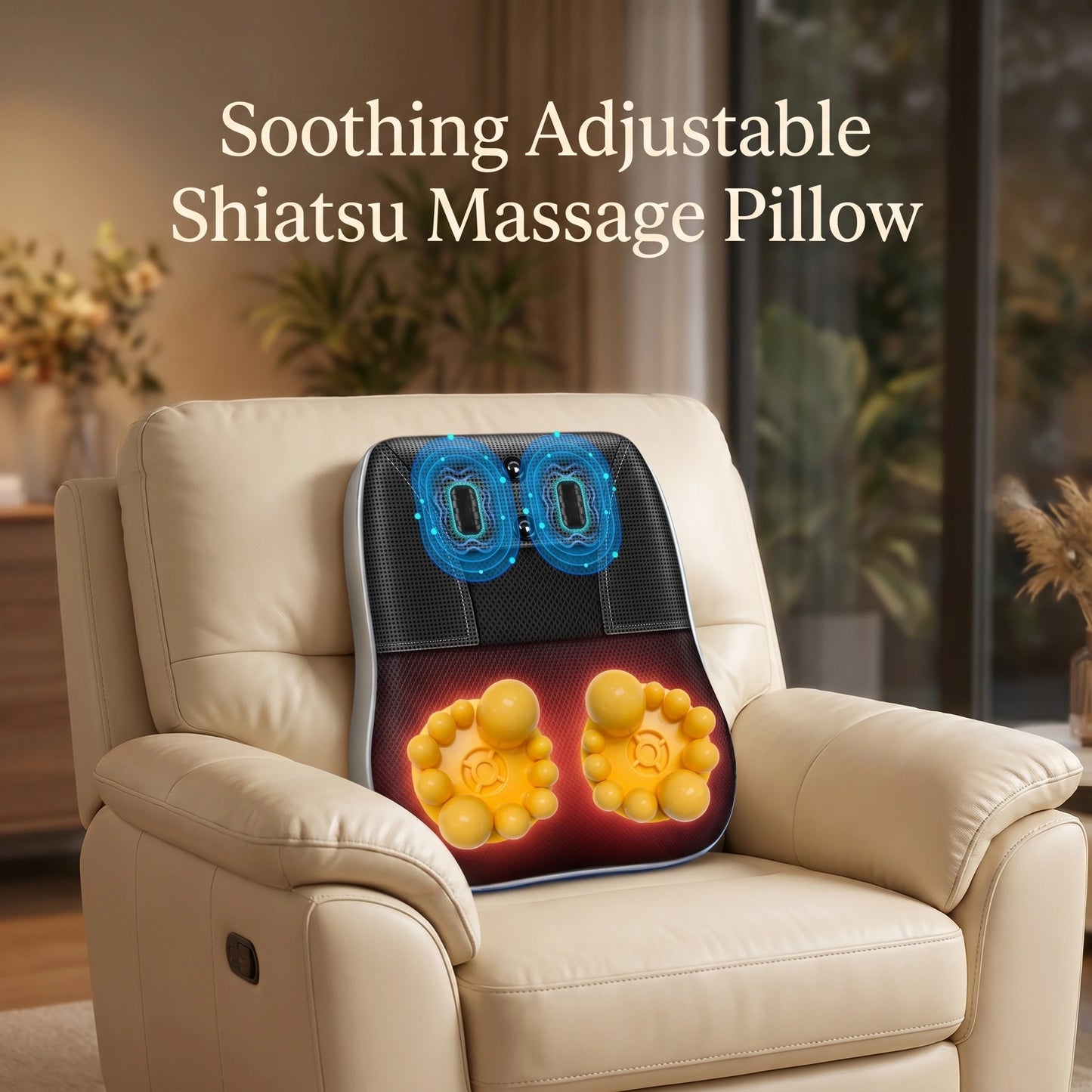 Close up view of the ZenCrest Shiatsu Massage Pillow showing its soft fabric texture, precise stitching, and ergonomic design for enhanced comfort and support.