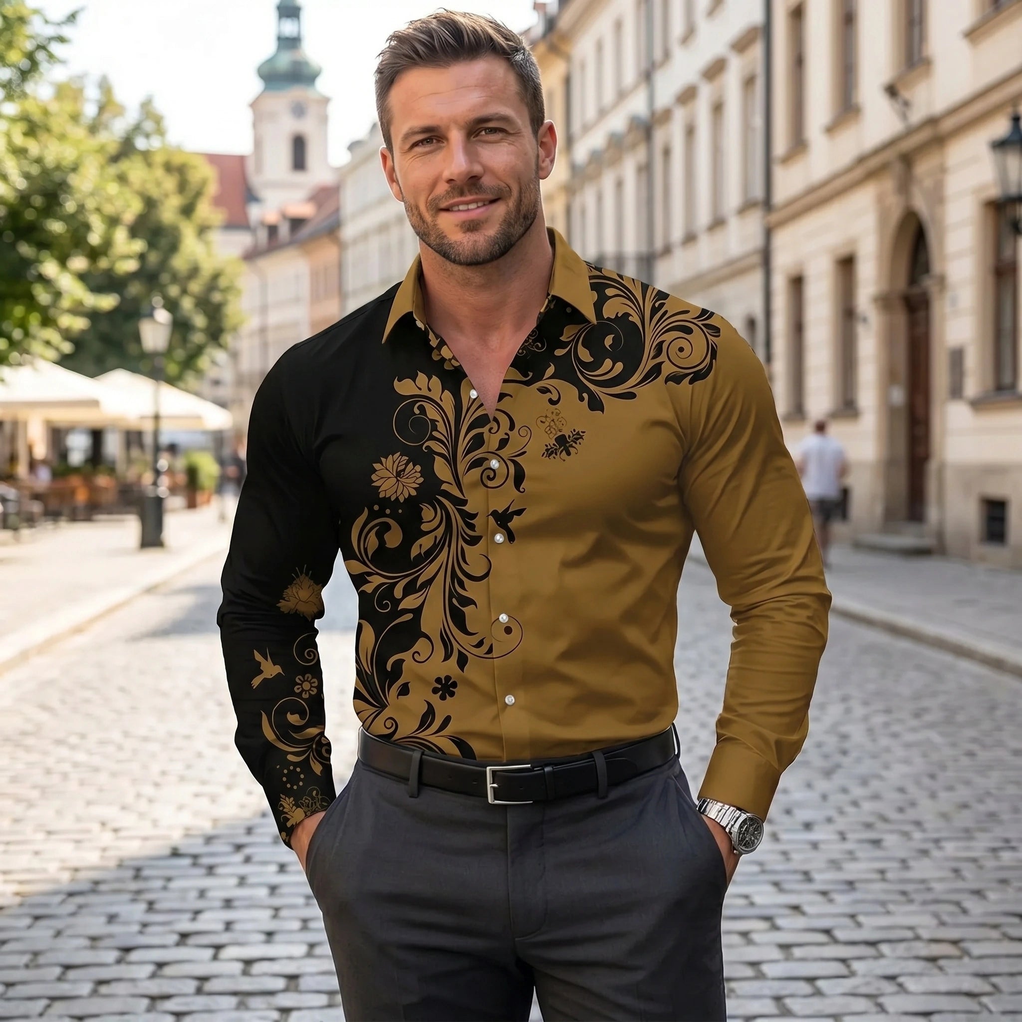 A model showcases a vibrant casual spring shirt in a colorful, paired with accessories against a neutral background for a fresh, effortless look.