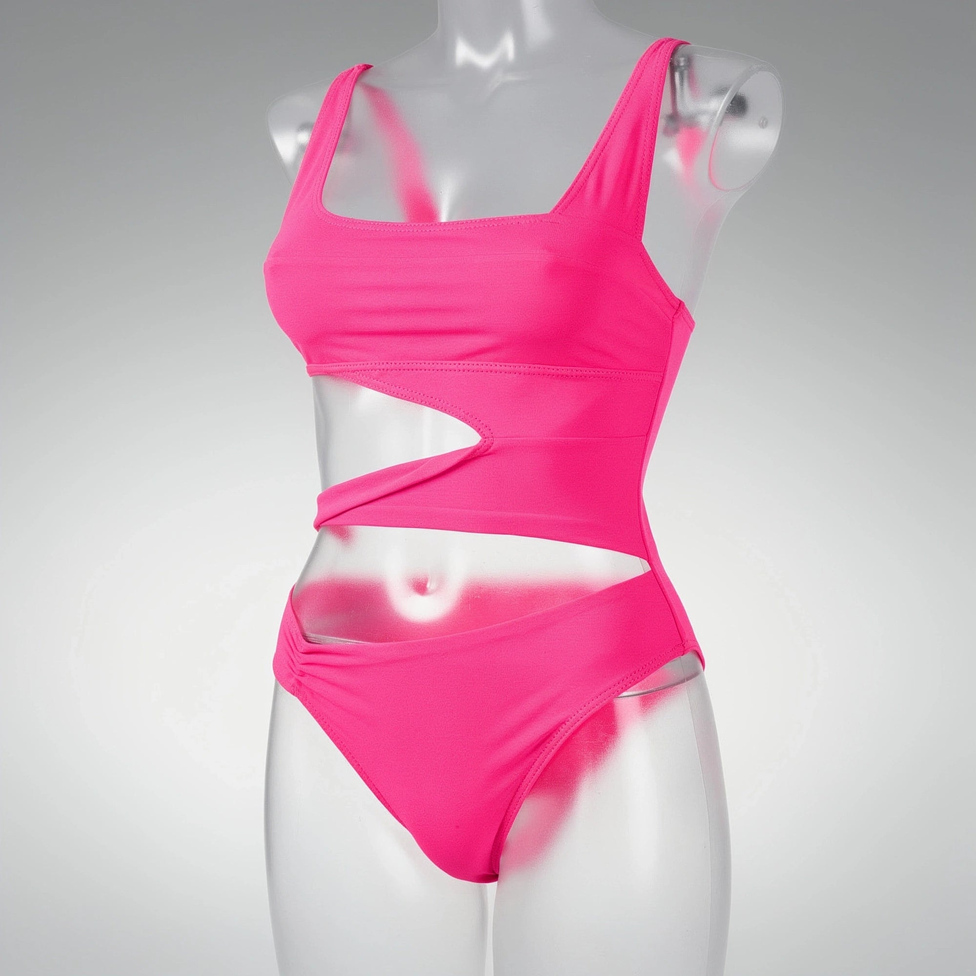 View of a black one piece swimsuit featuring a plunging neckline and adjustable straps, made from soft, stretchy material