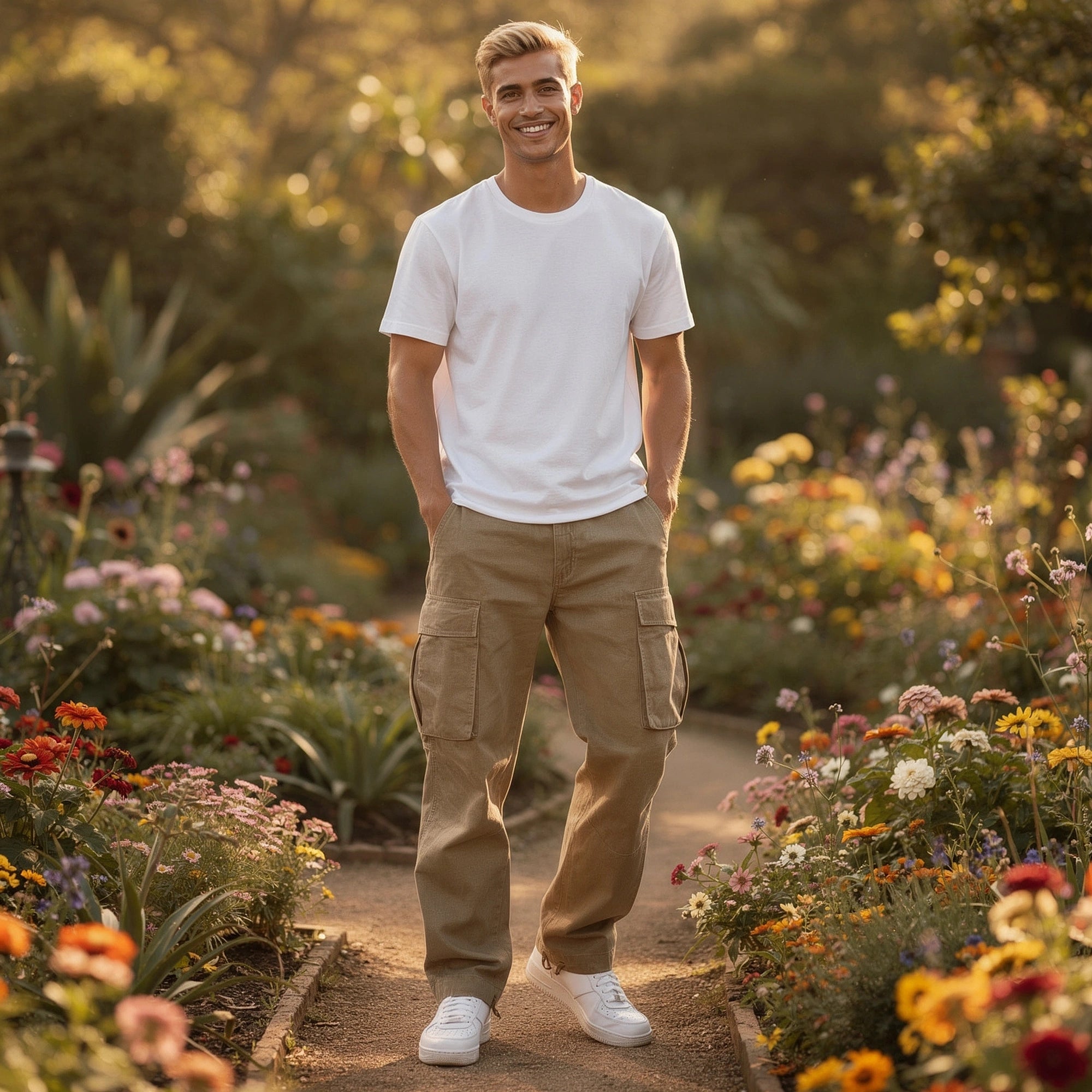 View of relaxed fit cargo pants in olive green, featuring multiple pockets and a comfortable, lightweight fabric