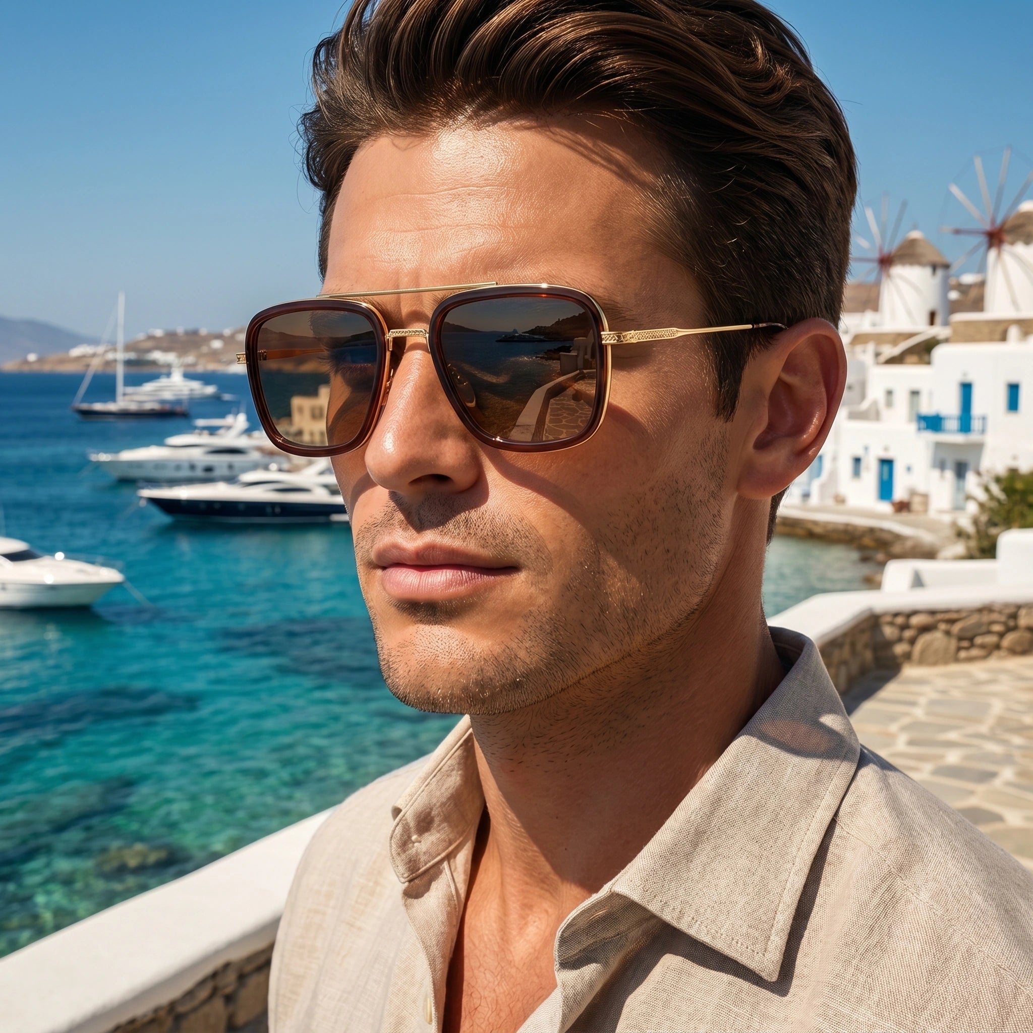 Close up view of the Mens Retro Square Sunglasses showing the sleek frame design and polished finish against a neutral background.