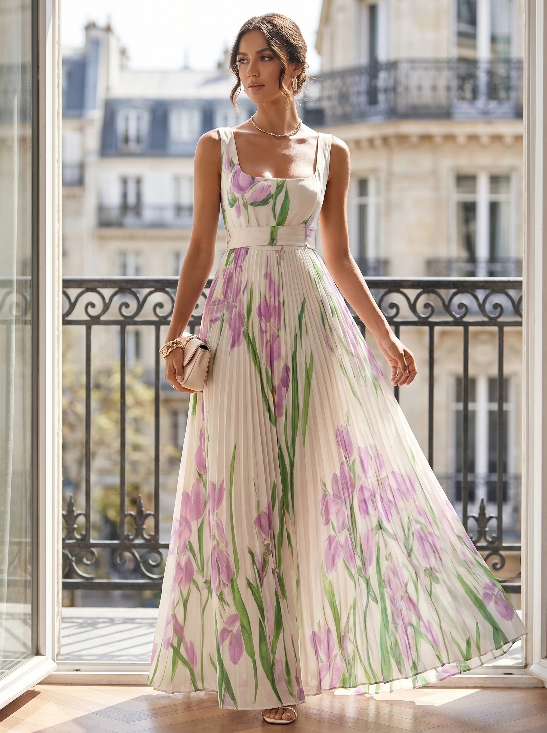 Close up of the Womens Flowy Summer Maxi Dress showing the lightweight fabric and intricate stitching, perfect for warm weather occasions.