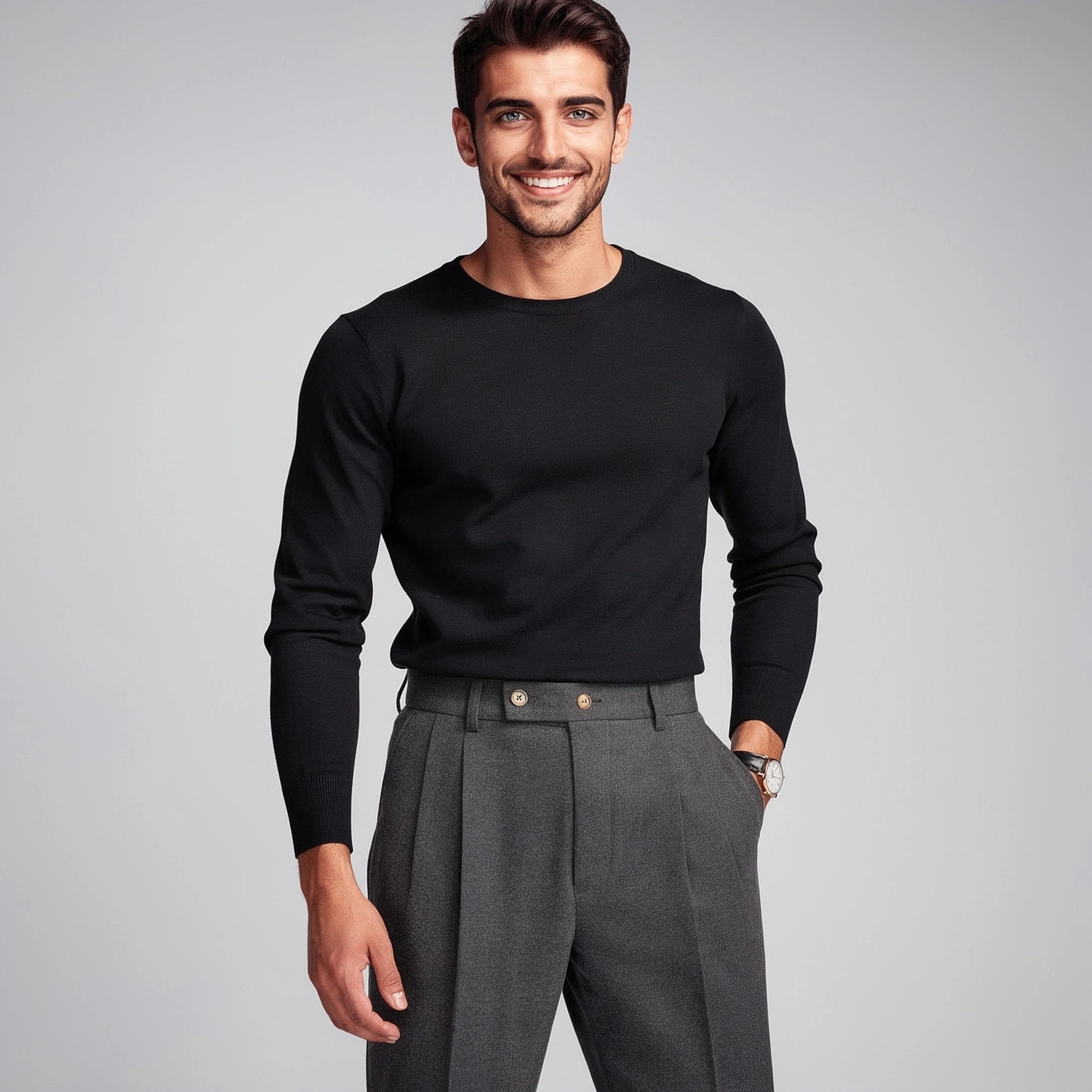 View of tailored high waisted pleated trousers in a soft gray fabric, featuring sharp creases and a sleek silhouette