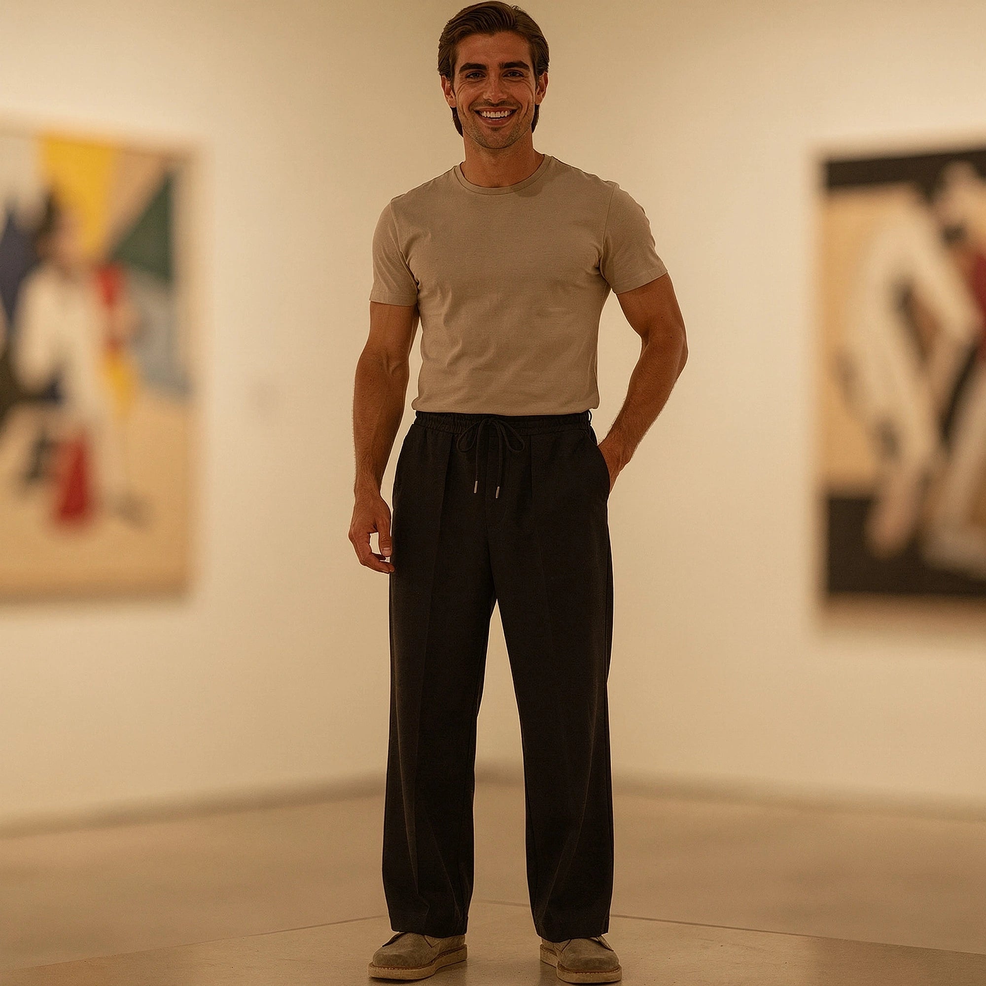 View of relaxed drawstring pants in soft beige fabric, featuring an elastic waistband and pockets