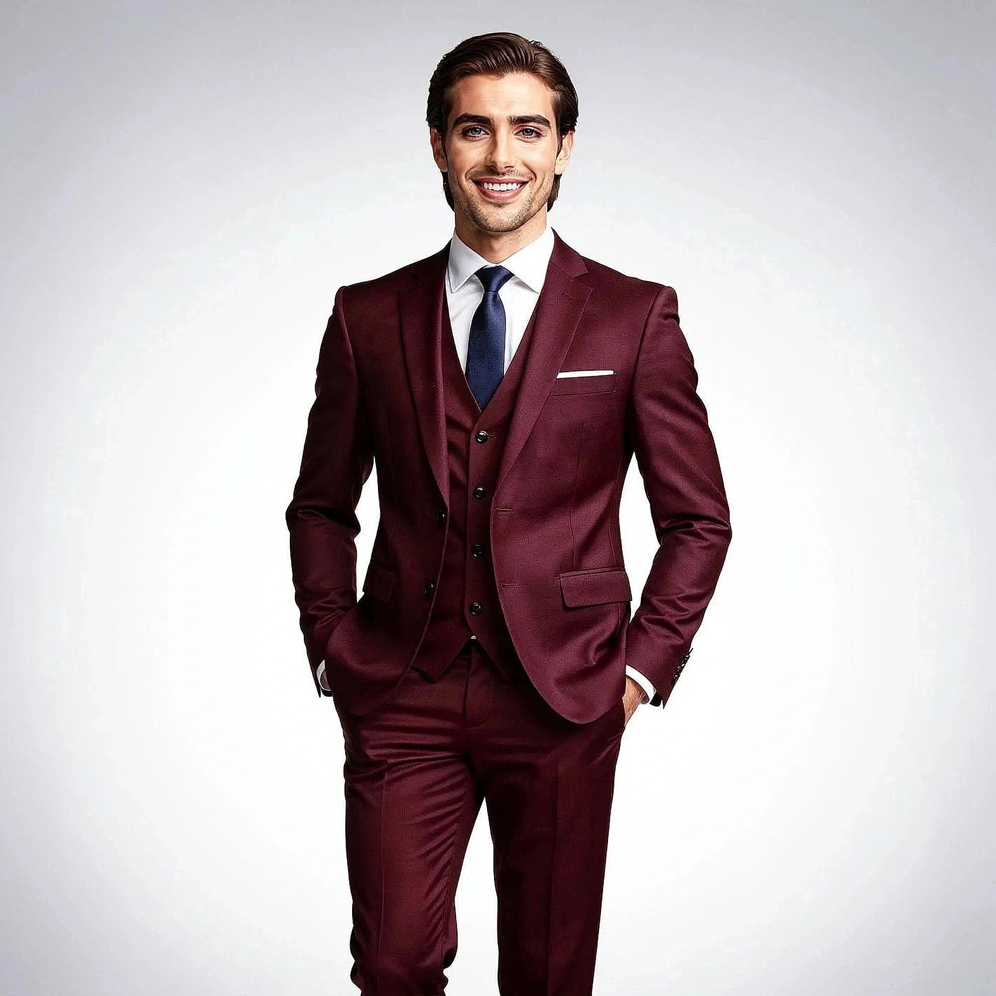 Elegant slim fit tuxedo set in black, featuring a single breasted jacket, satin lapels, and matching trousers, view