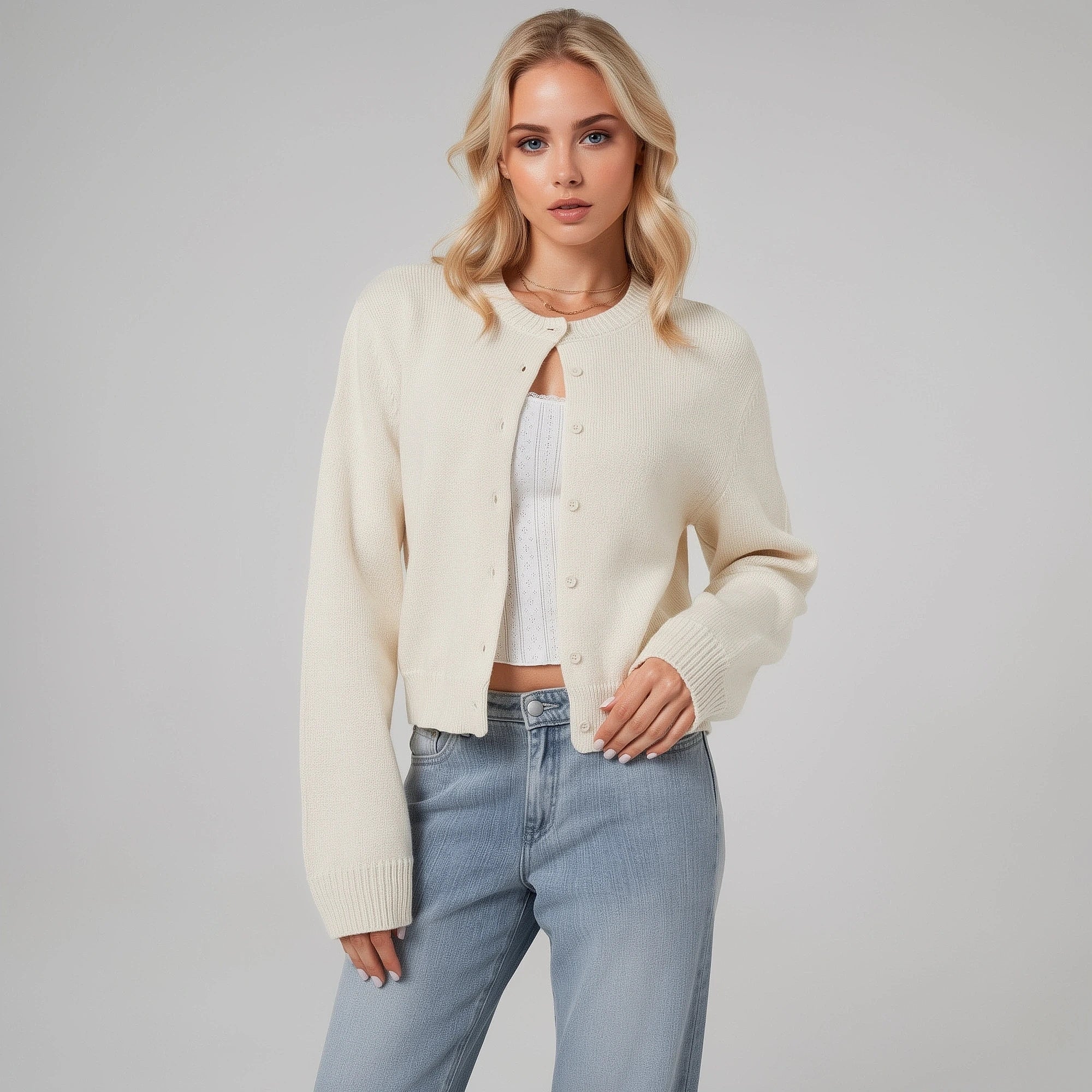 View of a modern cropped cardigan in soft gray knit, featuring a relaxed fit and open design