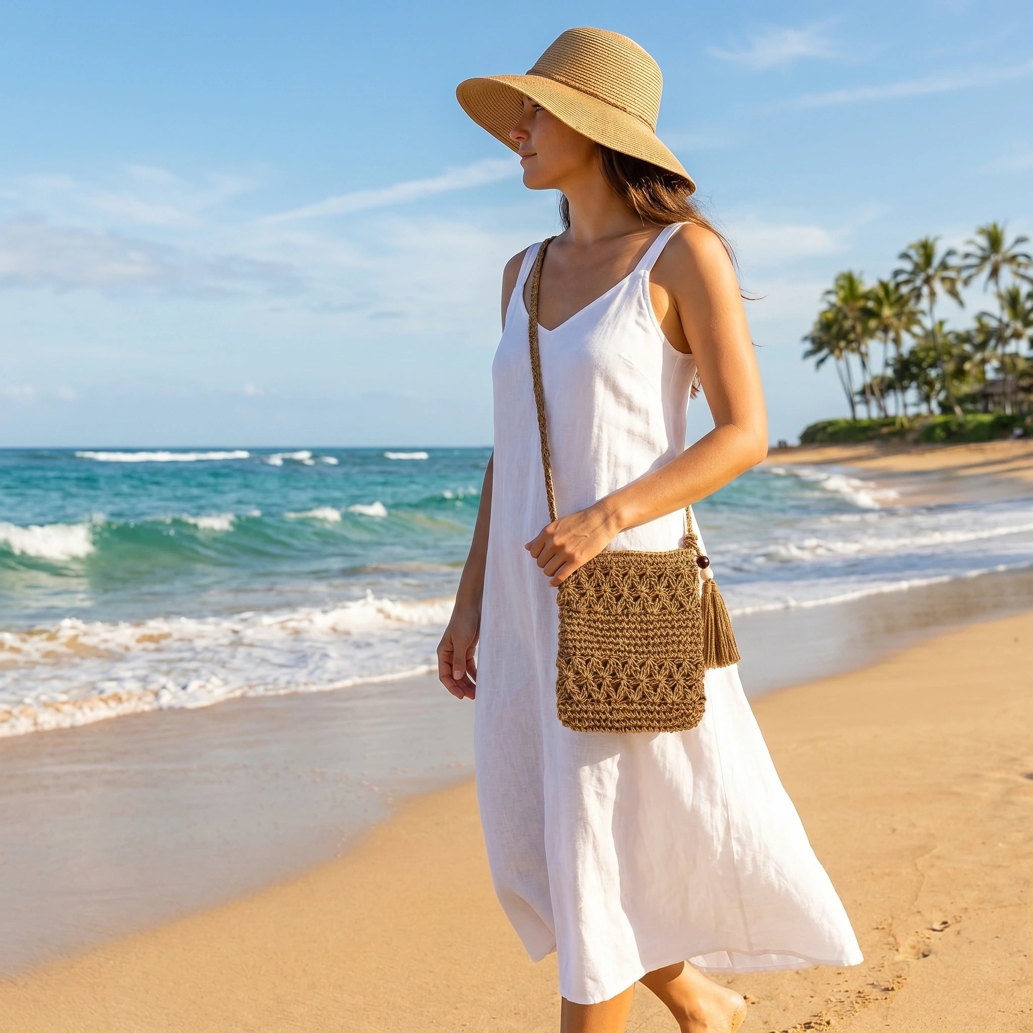 Close up of the Womens Casual Beach Bag showing its durable fabric, intricate stitching, and design details against a soft, neutral background.