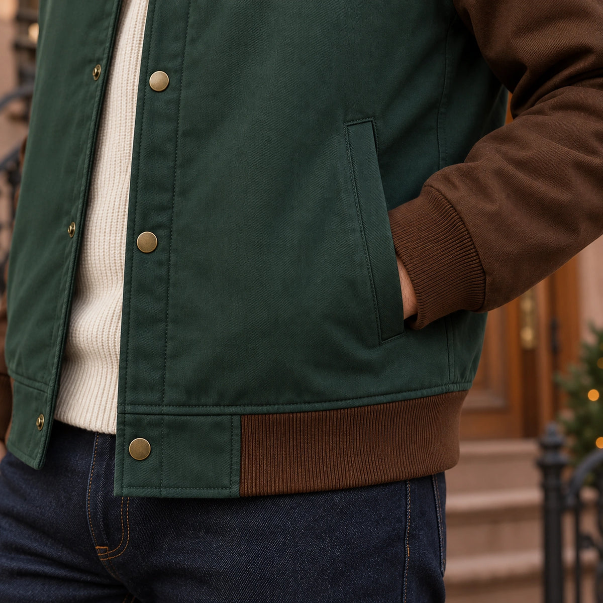 Men's Color Block Snap Front Bomber Jacket — Adrian — Green and Brown — close up of the rib hem meeting placket — view 14