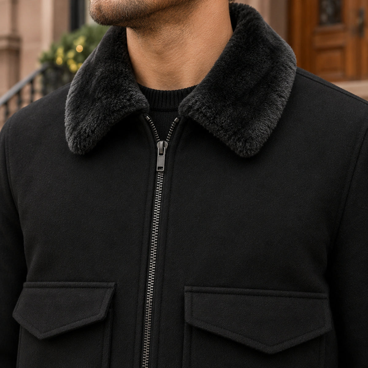 Men's Faux Fur Collar Bomber Jacket — Noah — Black — close up of the plush texture and clean front neckline — view 14