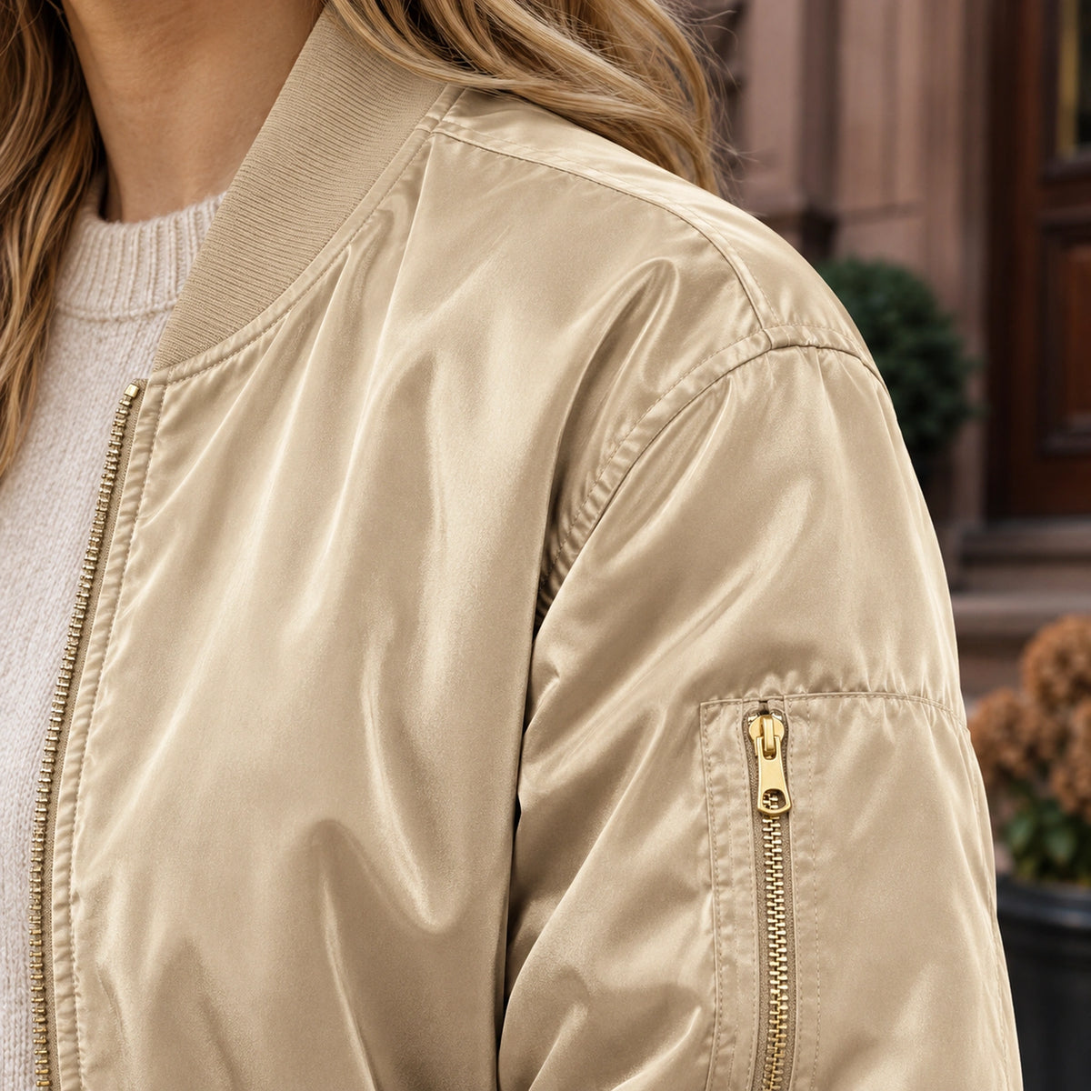 Women's Zip Front Satin Look Bomber Jacket — Daniela — Champagne — close up of the shoulder seam and fabric texture — view 19
