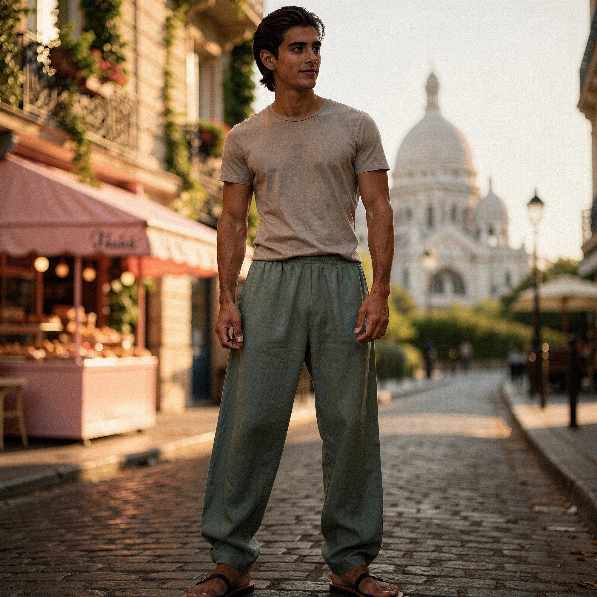 Lightweight casual trousers in a soft beige fabric, featuring a relaxed fit and pockets, view