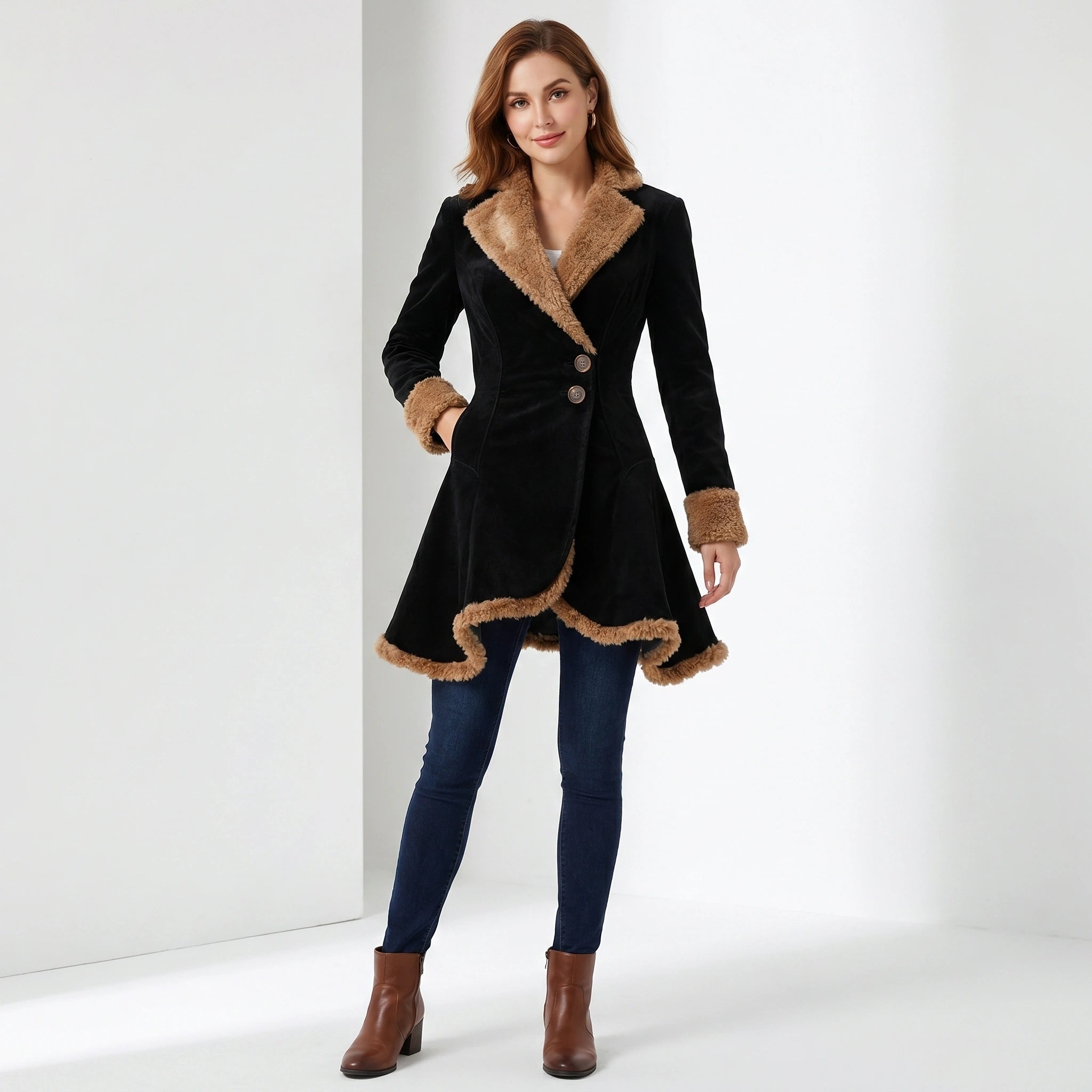 Close up of the Womens Fitted Winter Coat showing the luxurious fabric texture, precise stitching, and design elements against a soft neutral background.