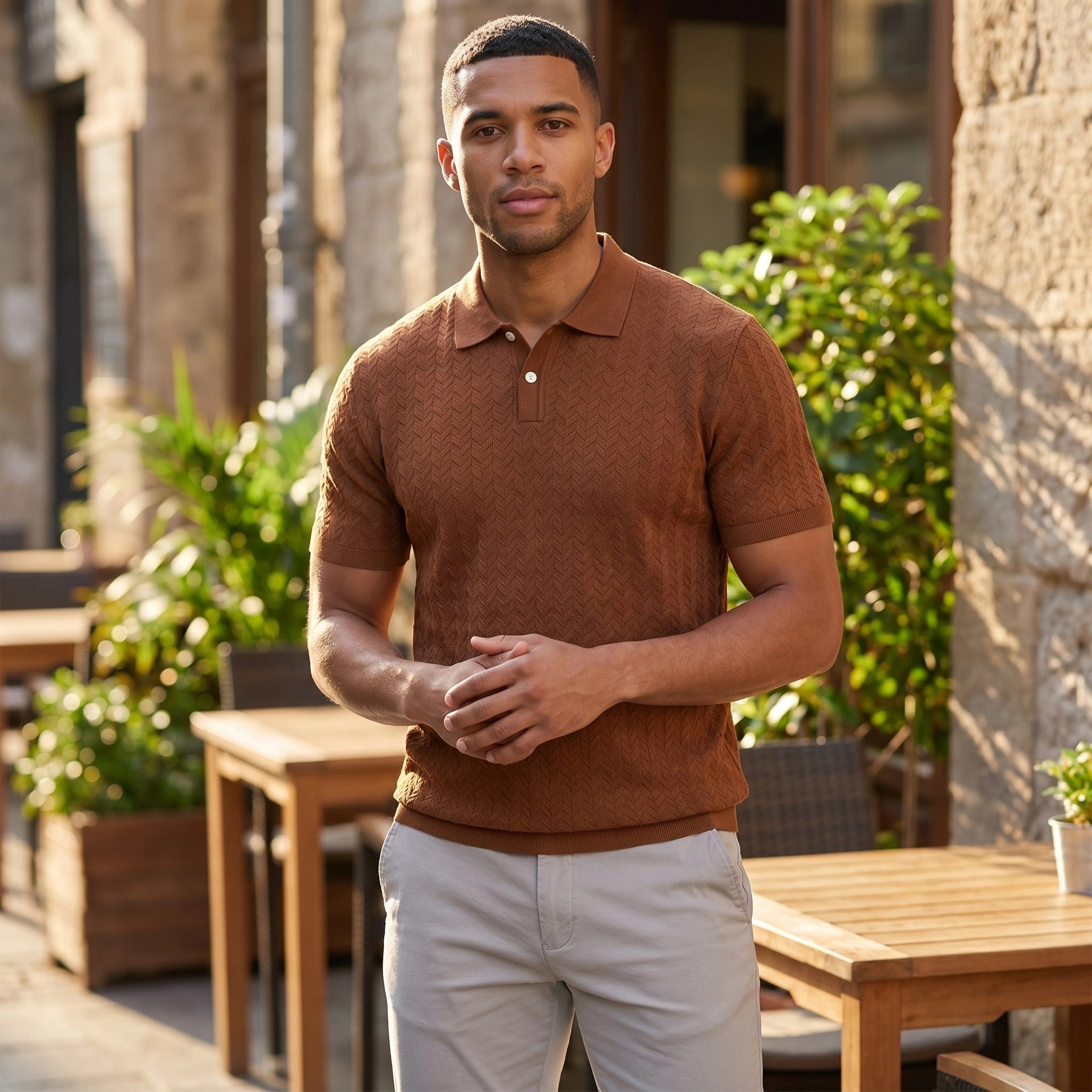 Close up view of the mens breathable solid summer polo shirt showing its soft fabric texture and precise stitching details against a neutral background.
