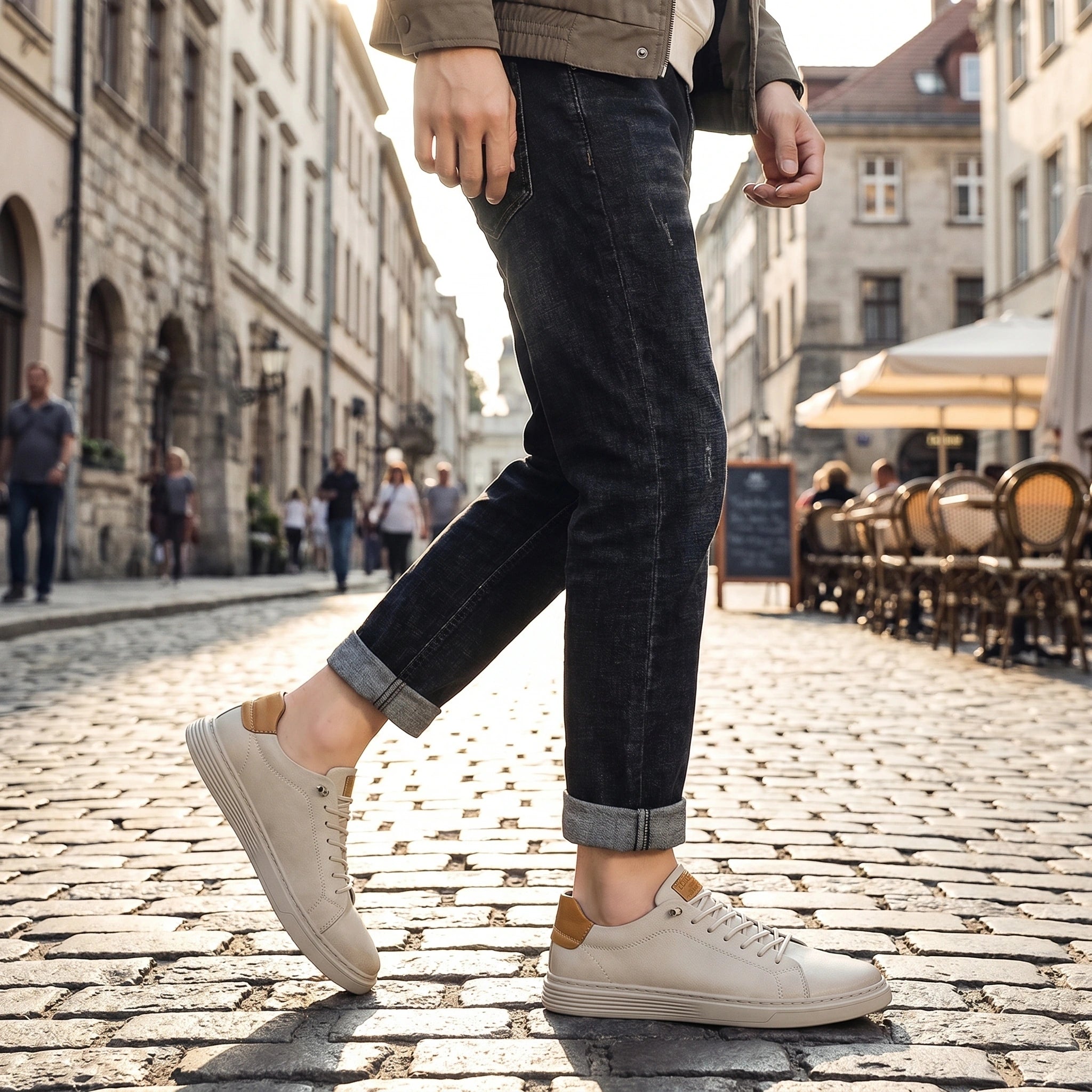 Close up view showing the premium fabric and precise stitching of the Mens Effortless Casual Lace Up Shoes in a classic neutral color.