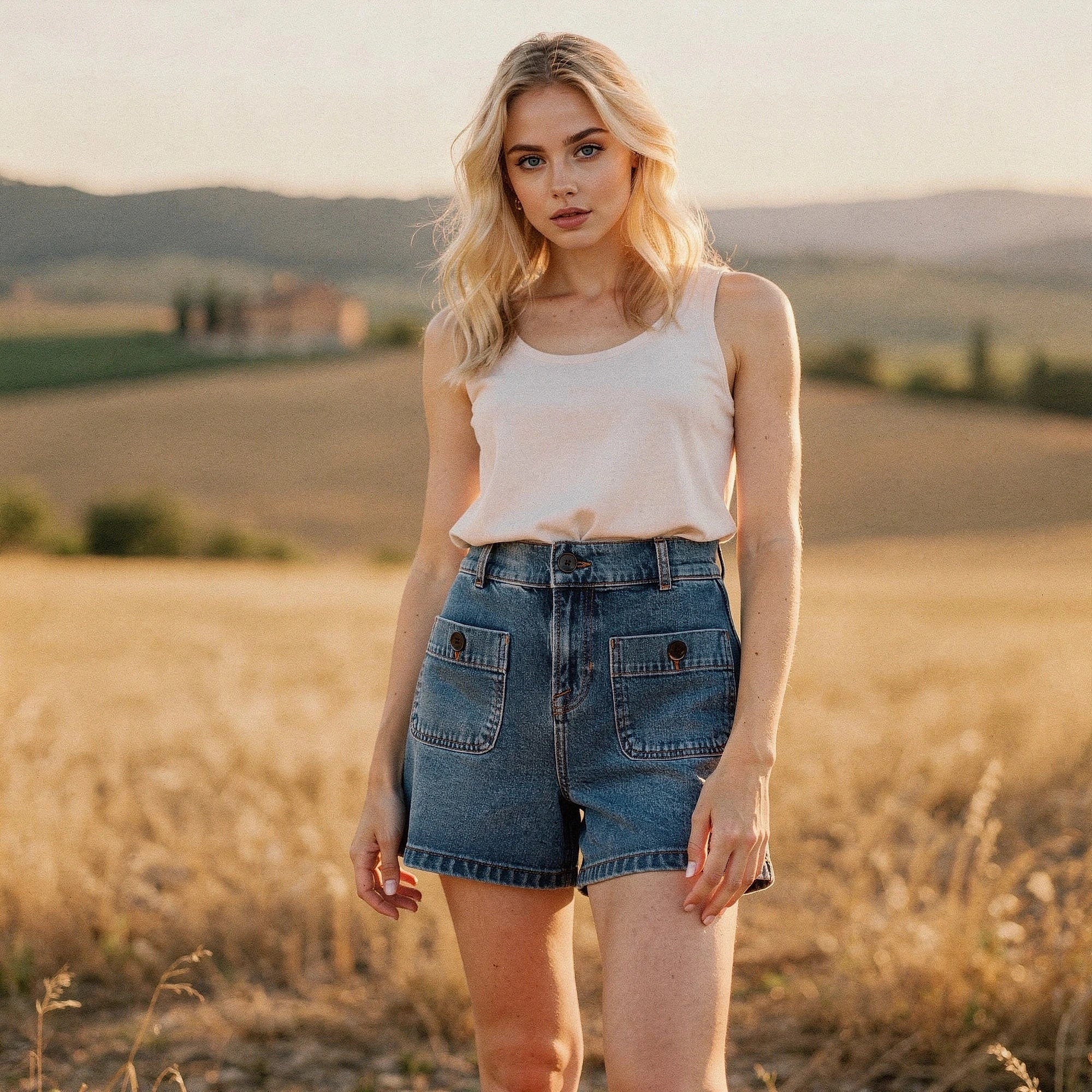 View of women's structured denim shorts in light blue, featuring a classic cut and subtle stitching details