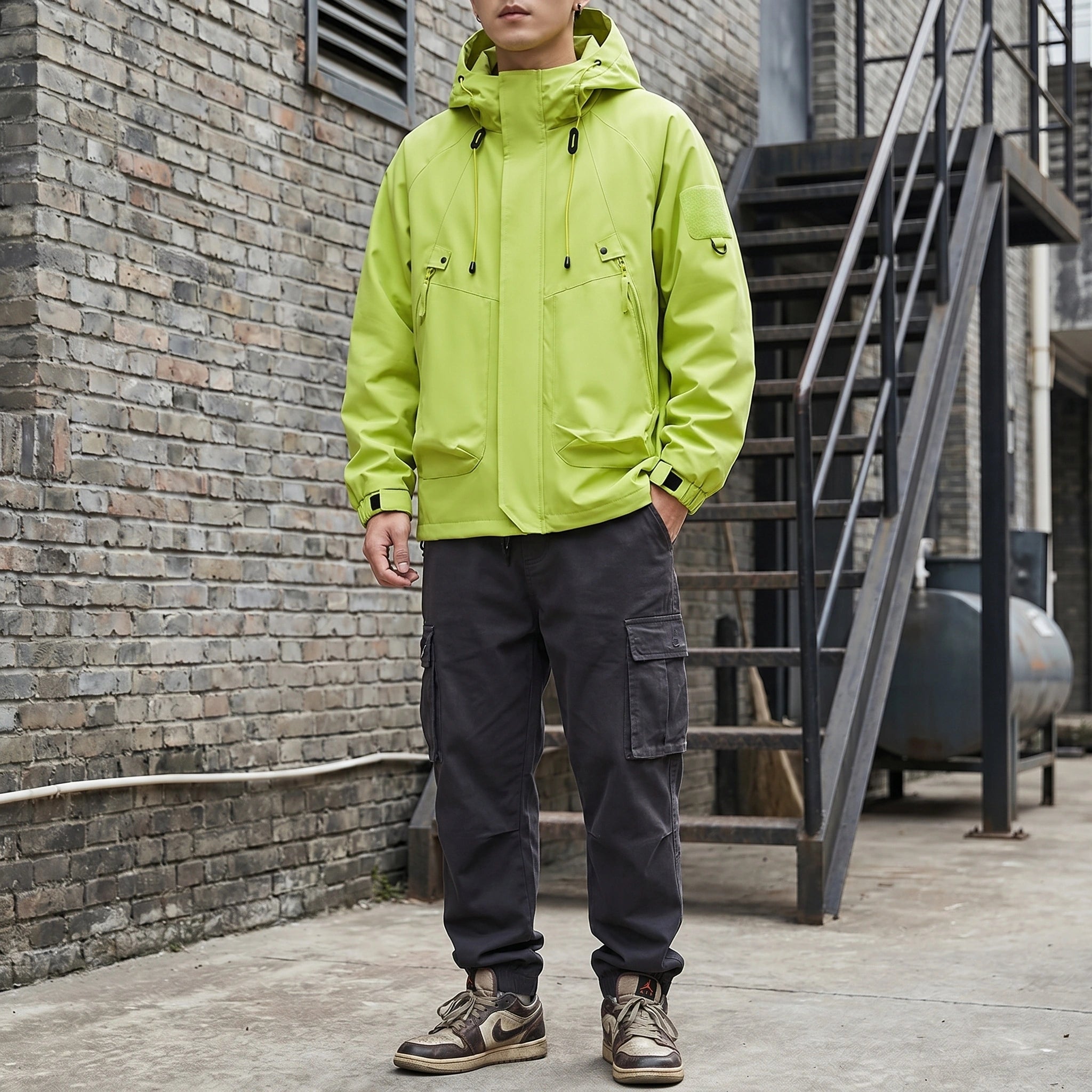 Close up of the men's casual relaxed autumn hooded jacket showing the textured fabric and precise stitching, showing its and practical design.