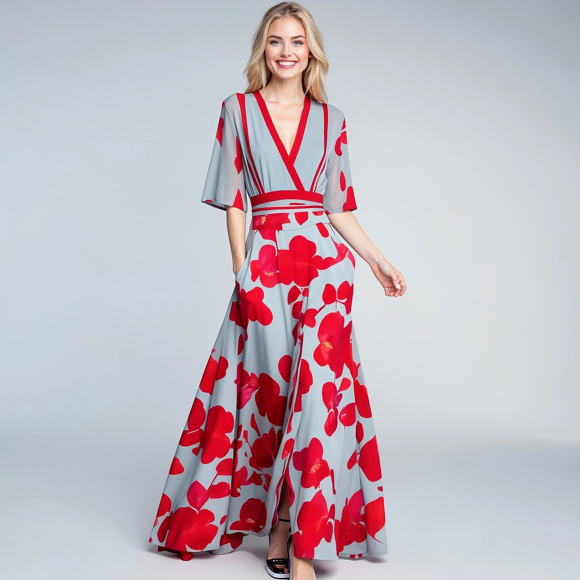 View of a long flowing dress featuring a bold floral pattern in vibrant colors on lightweight fabric
