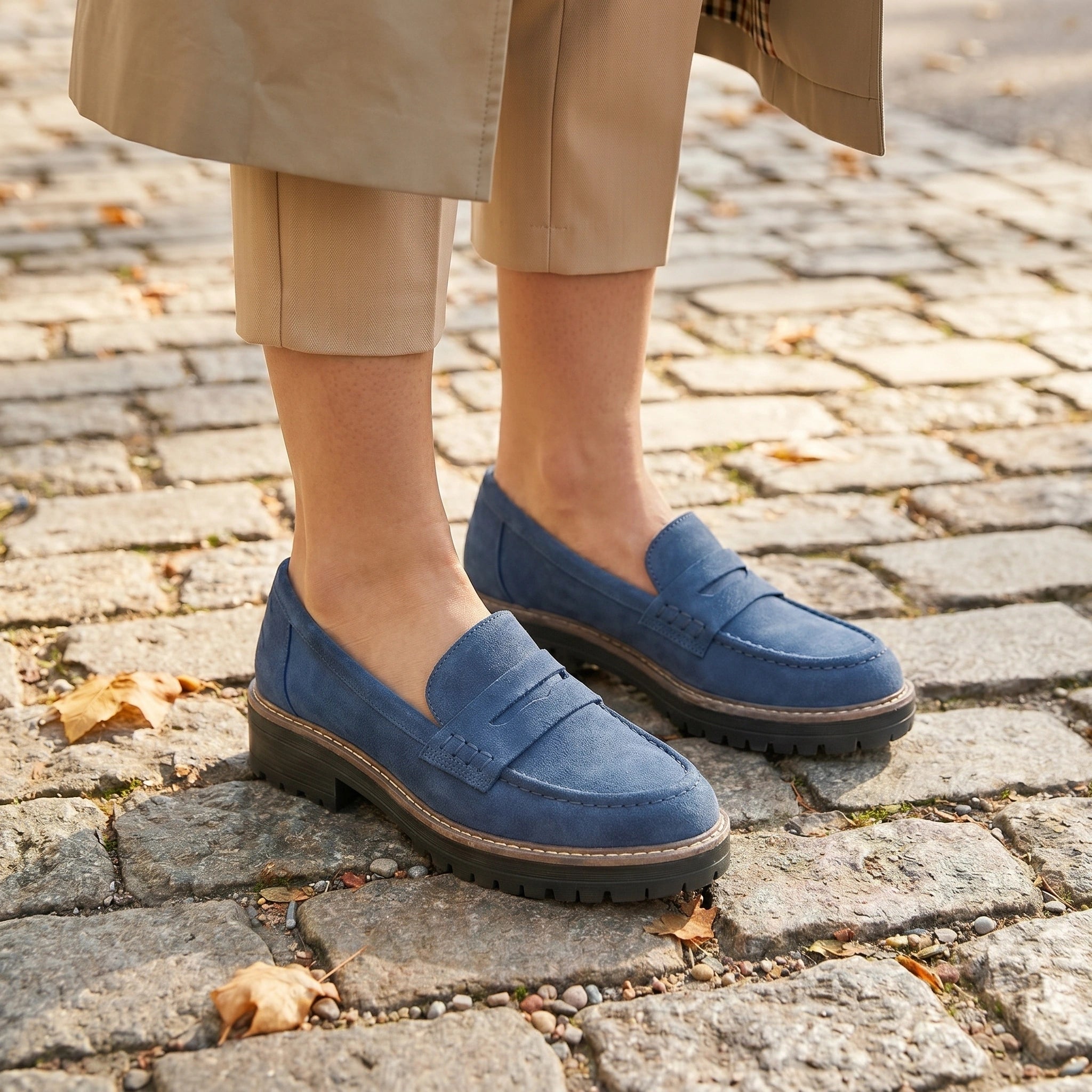 Close up view of the Women's Supportive Loafers showing the luxurious fabric texture and precise stitching details, set against a soft neutral background.