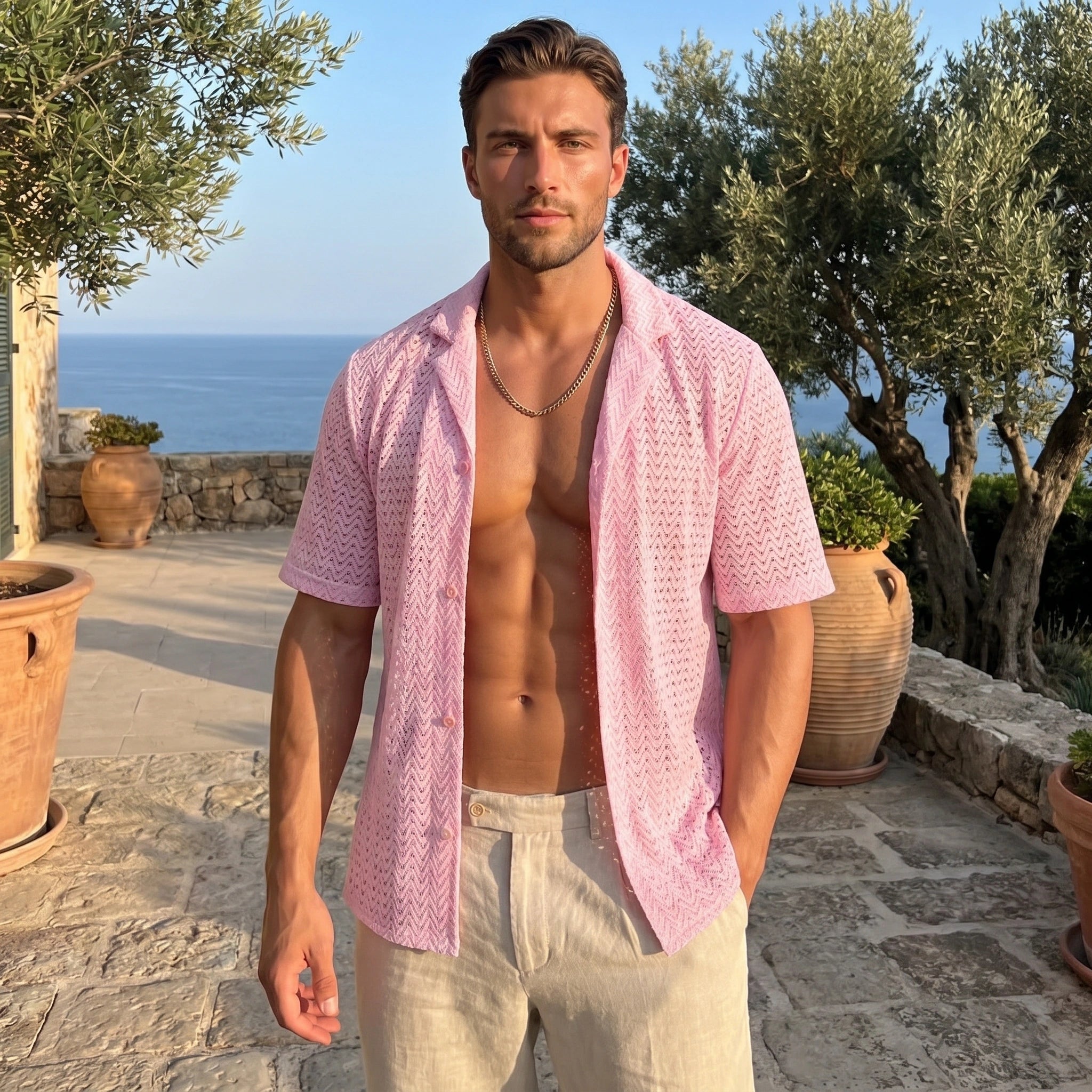 Close up view of the Mens Sleek Sophisticated Summer Shirt showing its fine fabric texture, precise stitching, and design details perfect for casual or vacation wear.