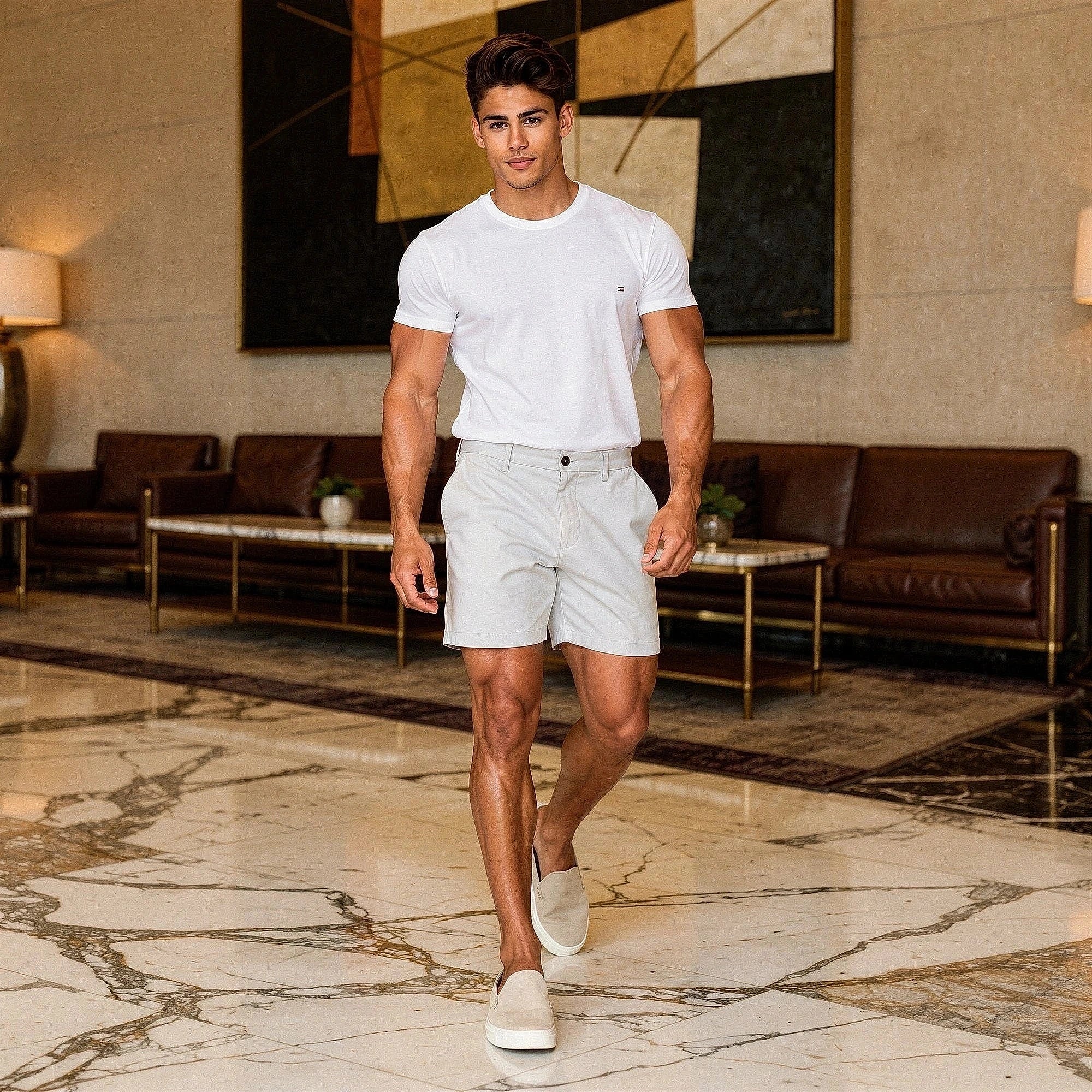 View of men's athletic fit stretch chino shorts in light gray, showcasing fabric texture and pockets
