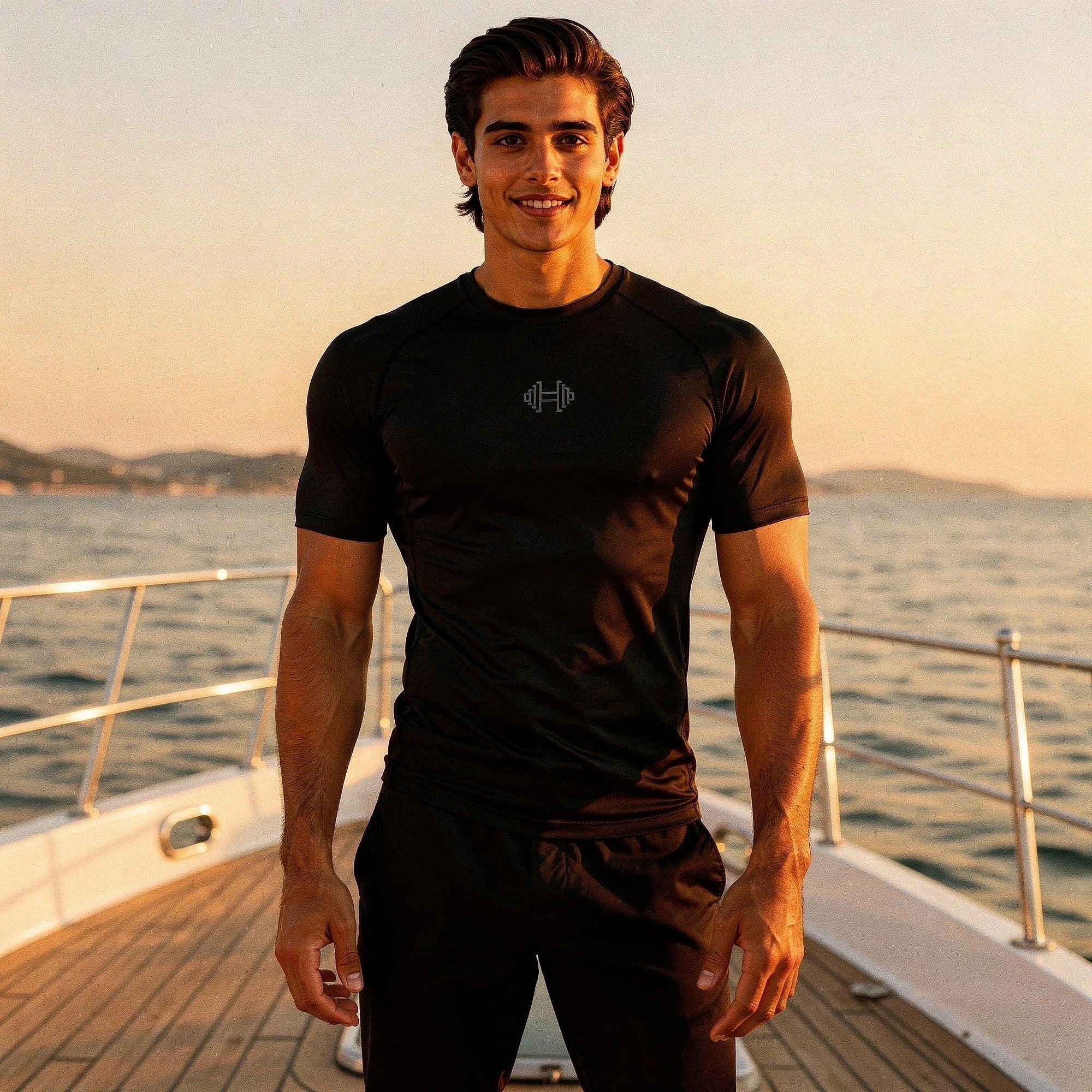 View of a reflective elastic athletic gym tee in dark gray, showcasing moisture wicking fabric and short sleeves
