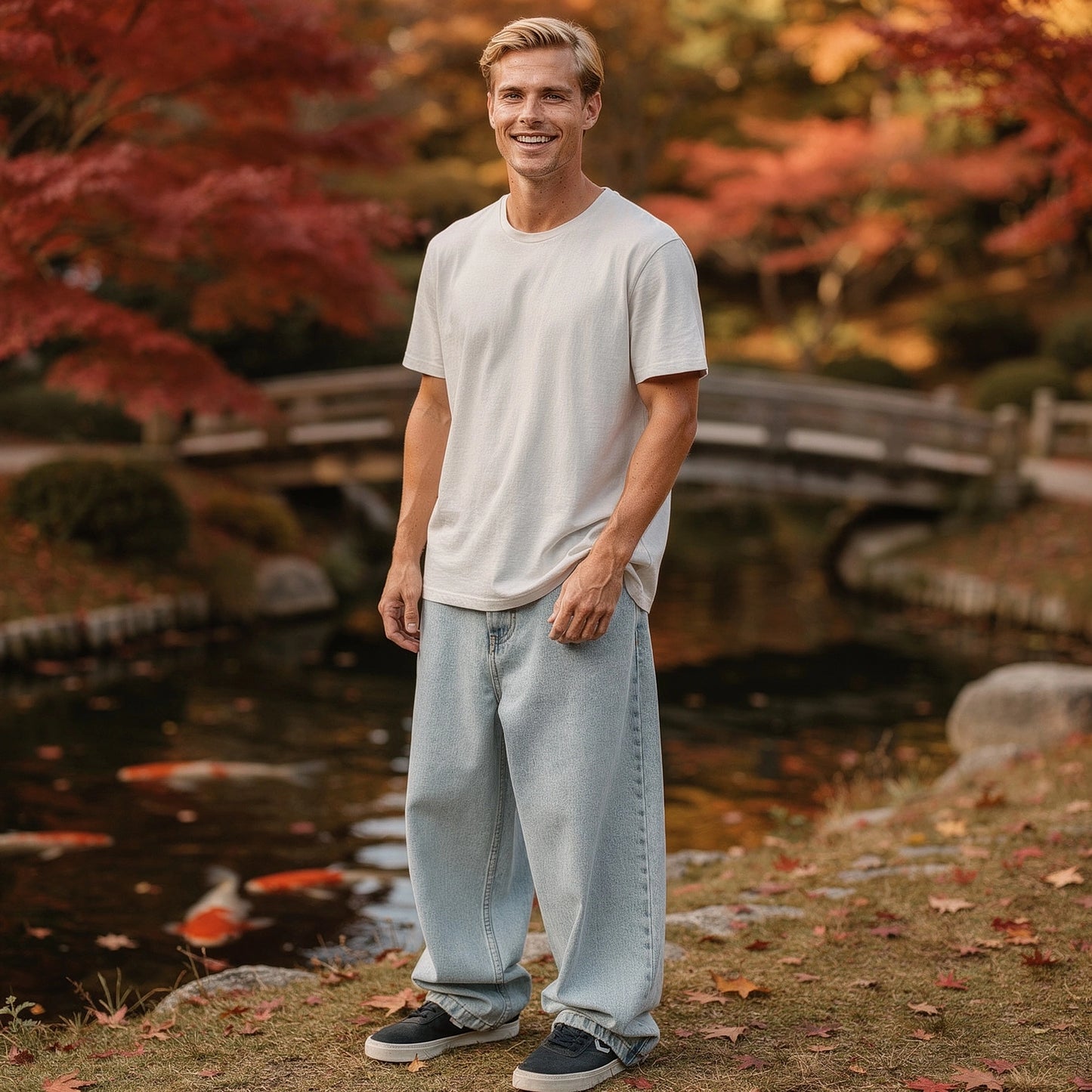 View of relaxed wide leg denim pants in light blue, featuring a soft cotton material and subtle fading