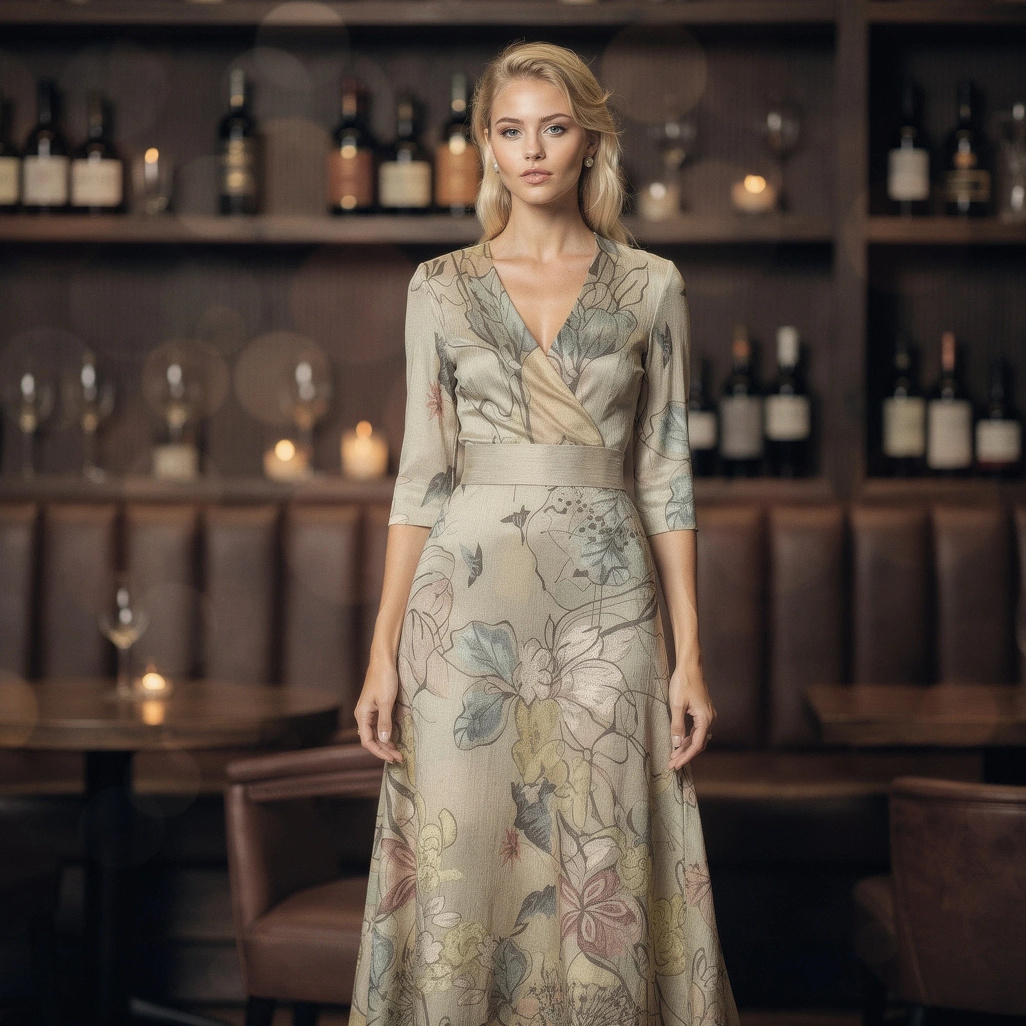 View of a tailored dress in soft fabric, featuring a fitted silhouette and elegant knee length hem