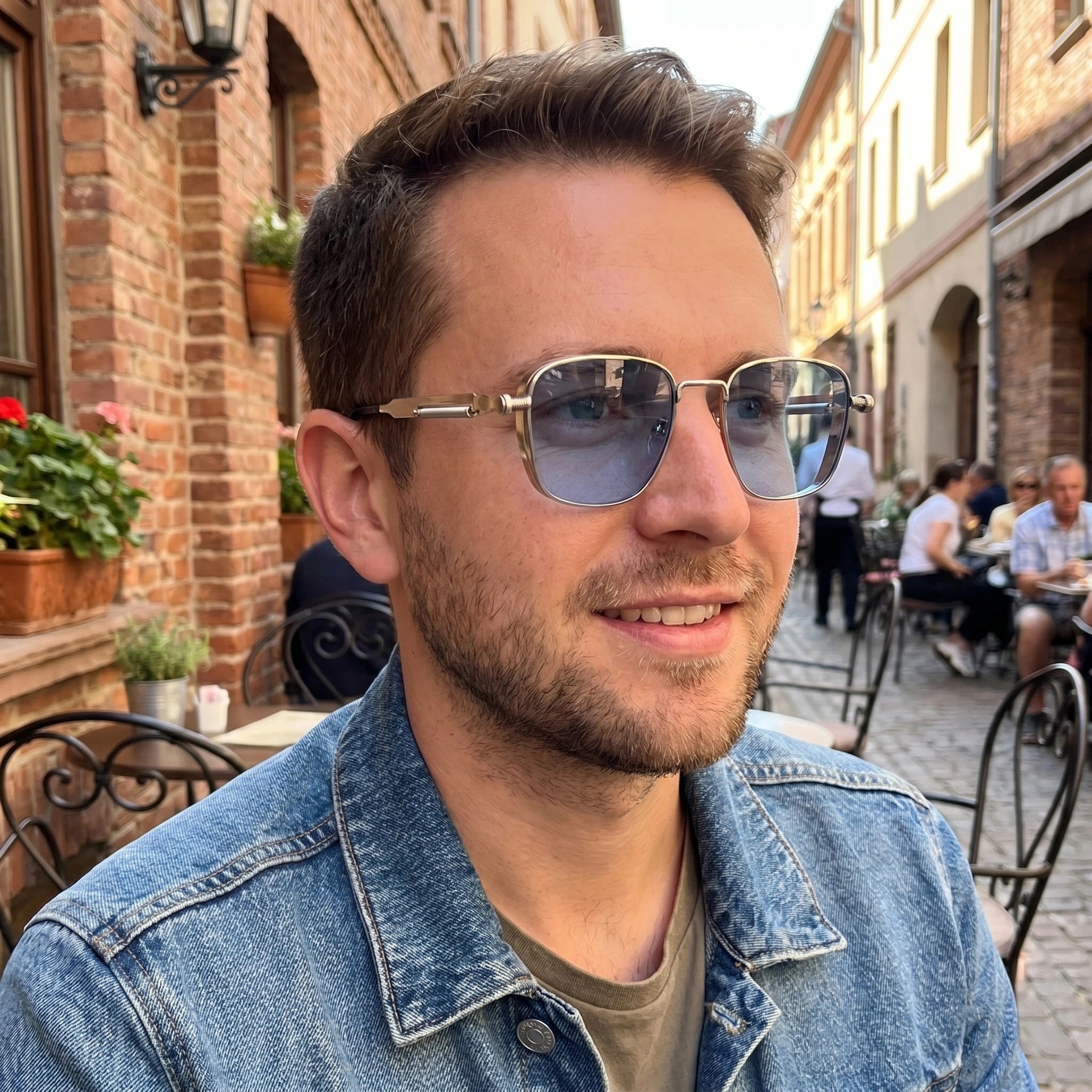 Close up view of the sleek frame and polished lenses of Men's Sleek Summer Sunglasses, showing premium craftsmanship against a soft, neutral background.