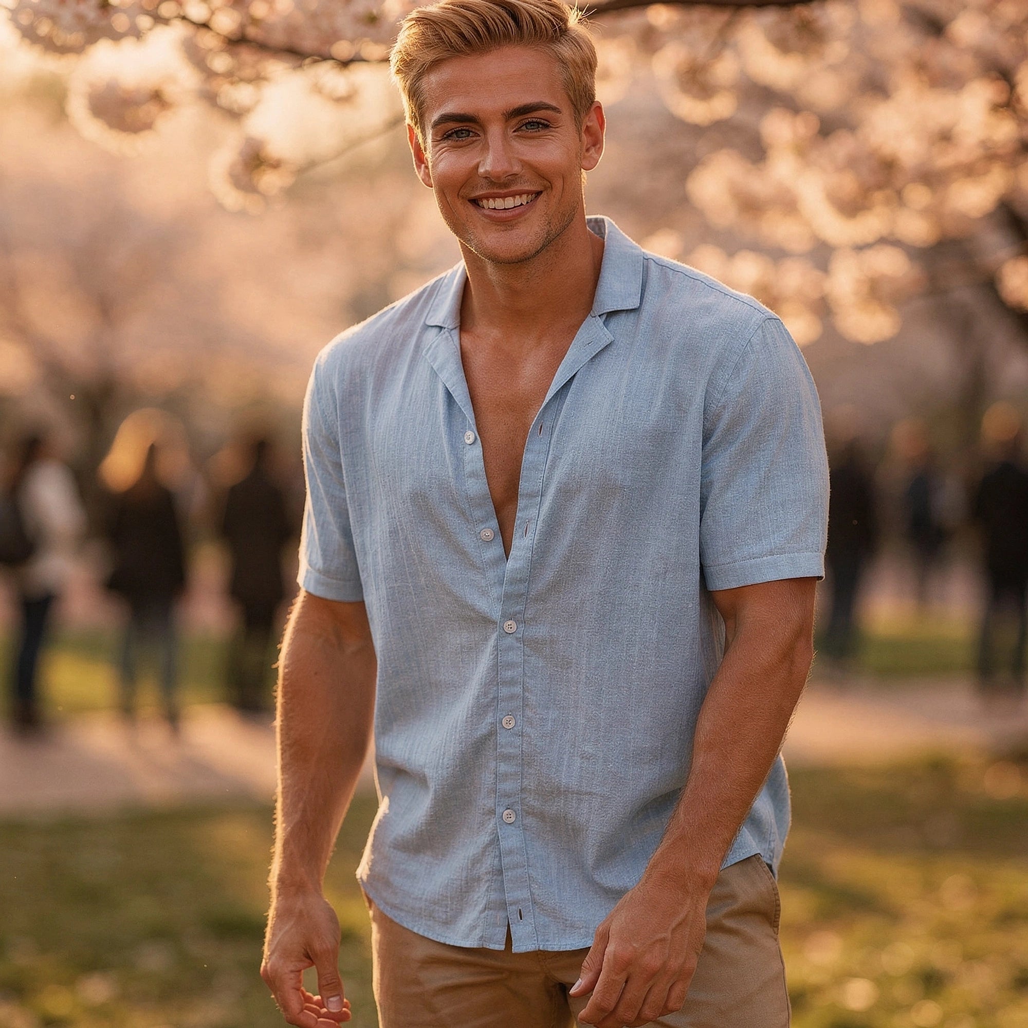 Light blue casual short sleeve button shirt made of soft cotton, featuring a relaxed fit and subtle pocket
