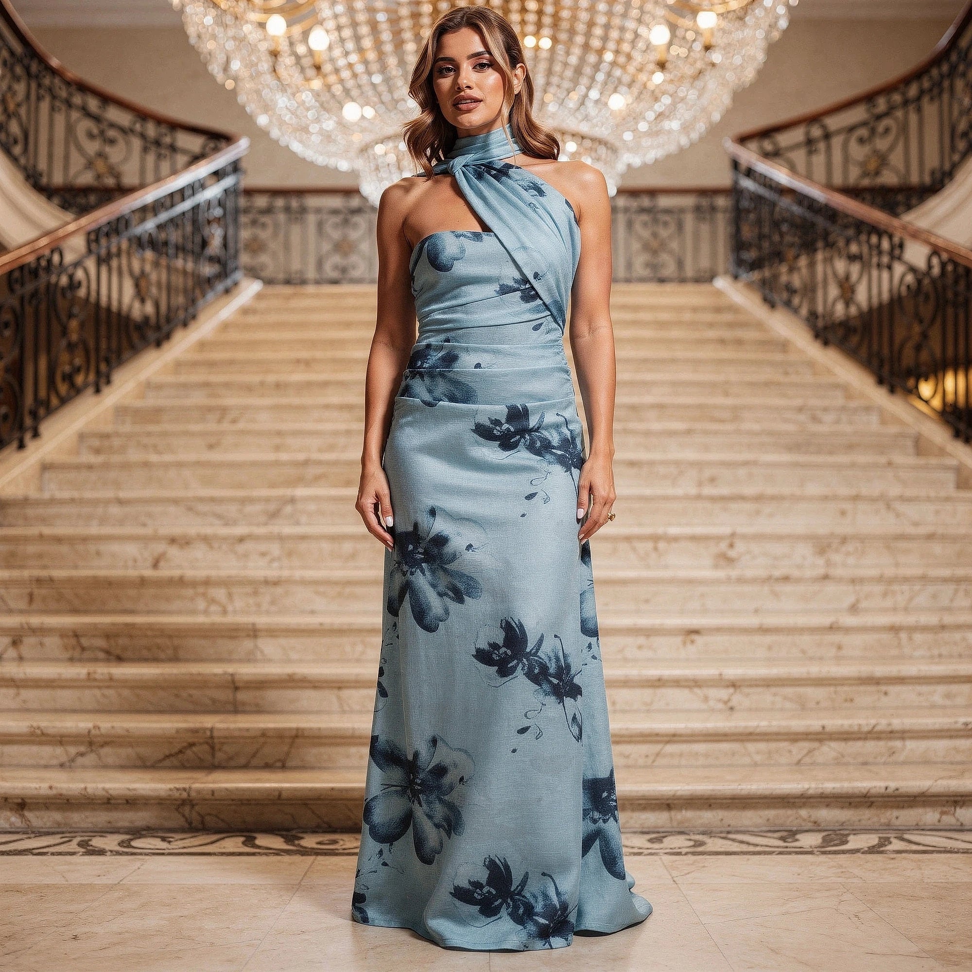 View of a flowy sleeveless maxi dress in soft pastel colors, featuring a lightweight fabric and elegant silhouette