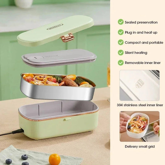View of a compact insulated electric lunch box food warmer in sleek black, featuring a sturdy handle and ventilation openings