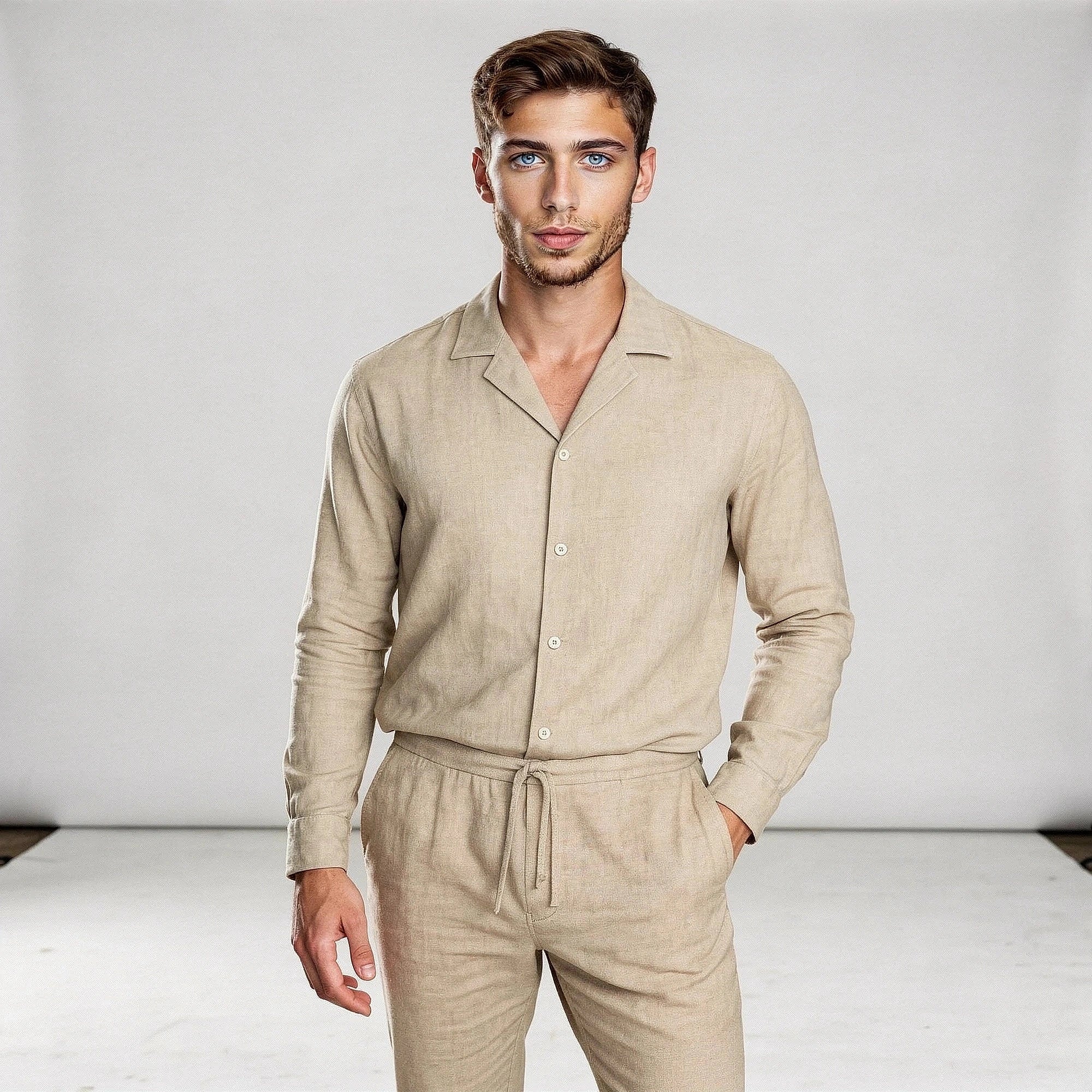Lightweight linen shirt in light blue with a relaxed fit and concealed button placket, view