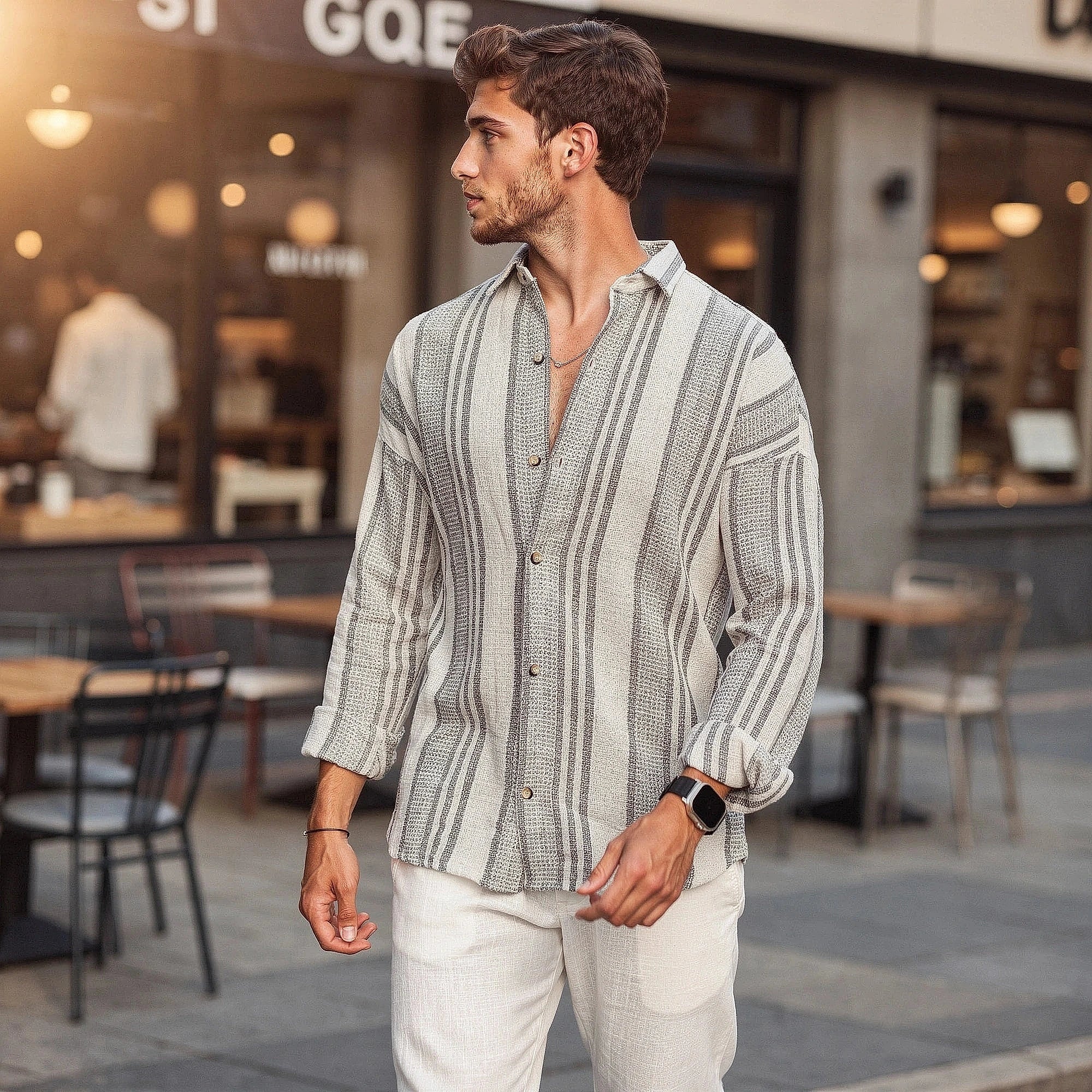 Lightweight, relaxed fit button up shirt in light blue, featuring a view with a rounded hem and short sleeves