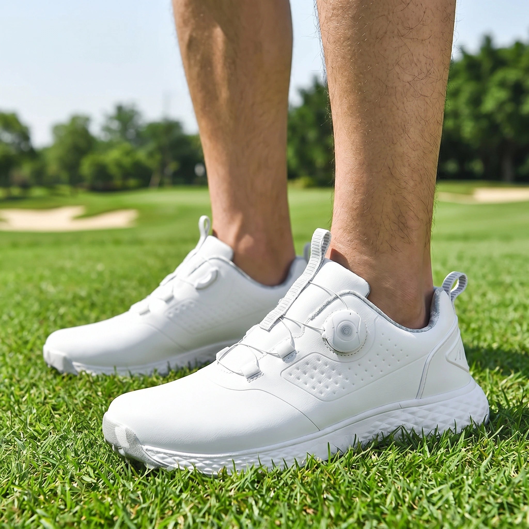Close up of the men's waterproof casual golf sneakers showing intricate stitching and breathable fabric in a sleek White Gray color against a neutral background.