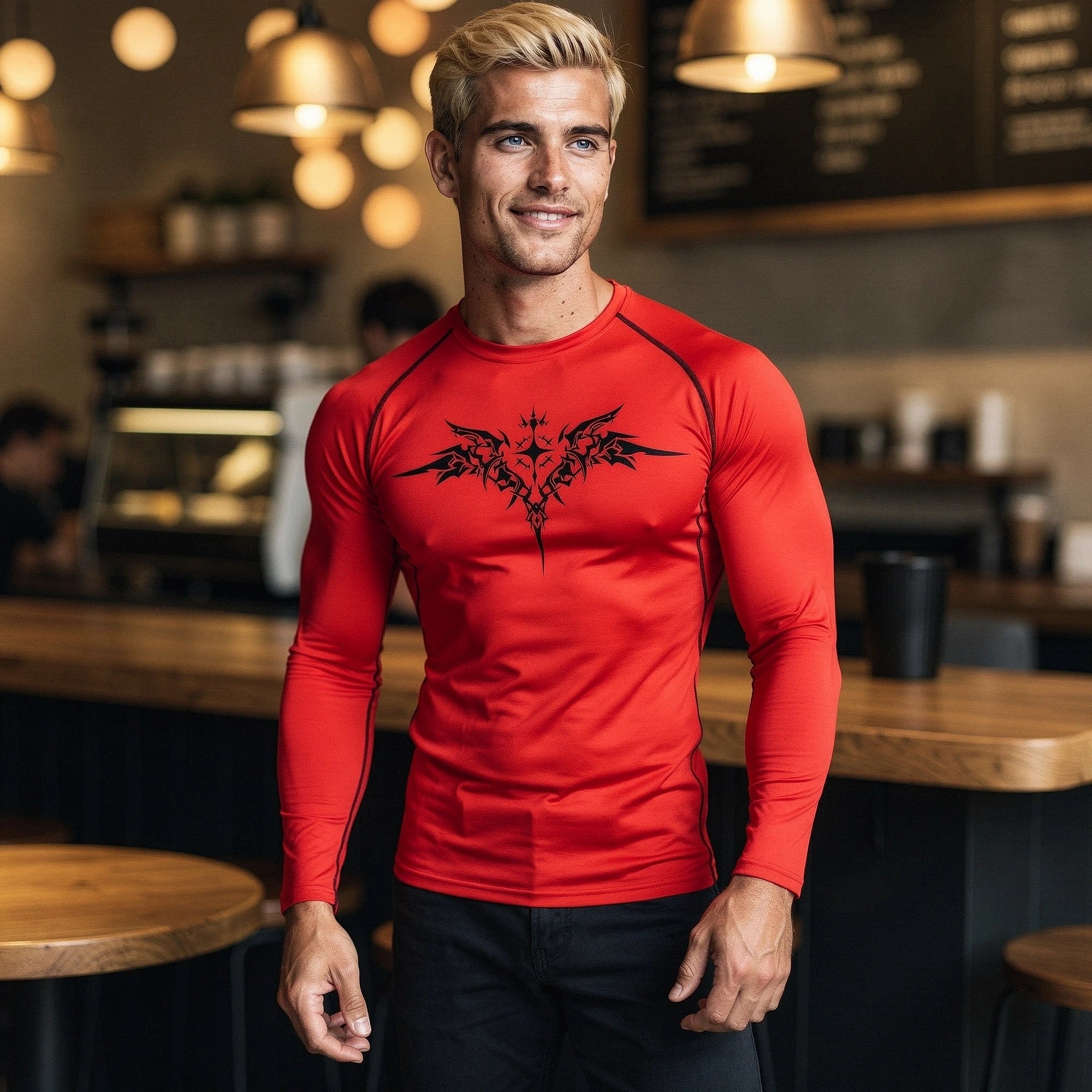View of a black men's compression tee made from quick drying material, featuring short sleeves and a fitted design